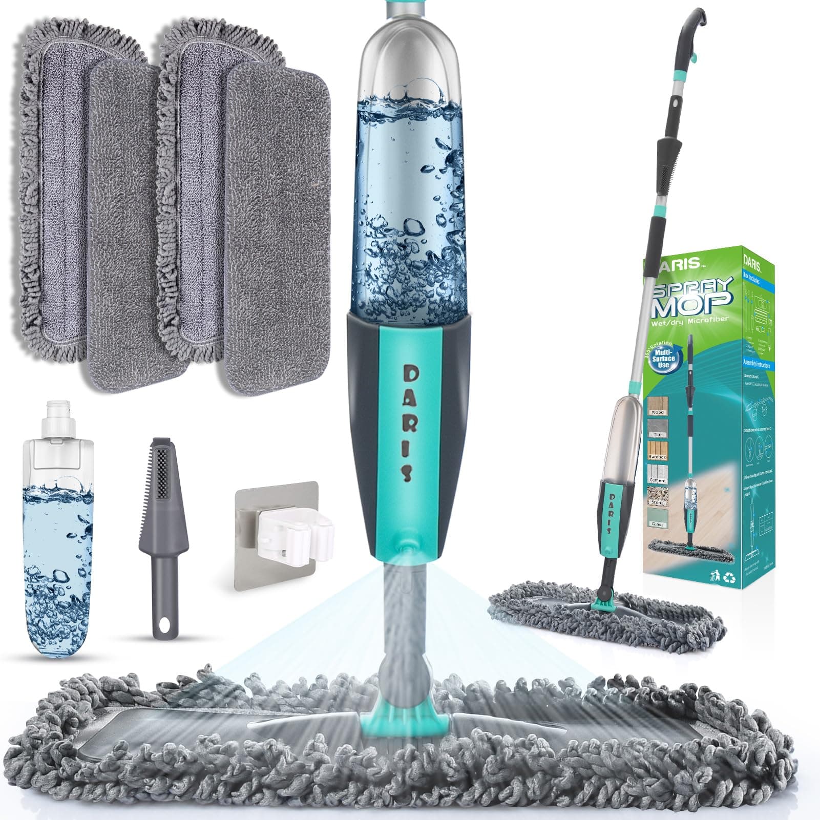 Spray Mops for Floor Cleaning Microfiber Floor Mop with 4 Washable Pads 1 Holder 1 Scraper Wet Dry Floor Cleaner 360 Degree Spin Dust Mop Hardwood Floor Mop