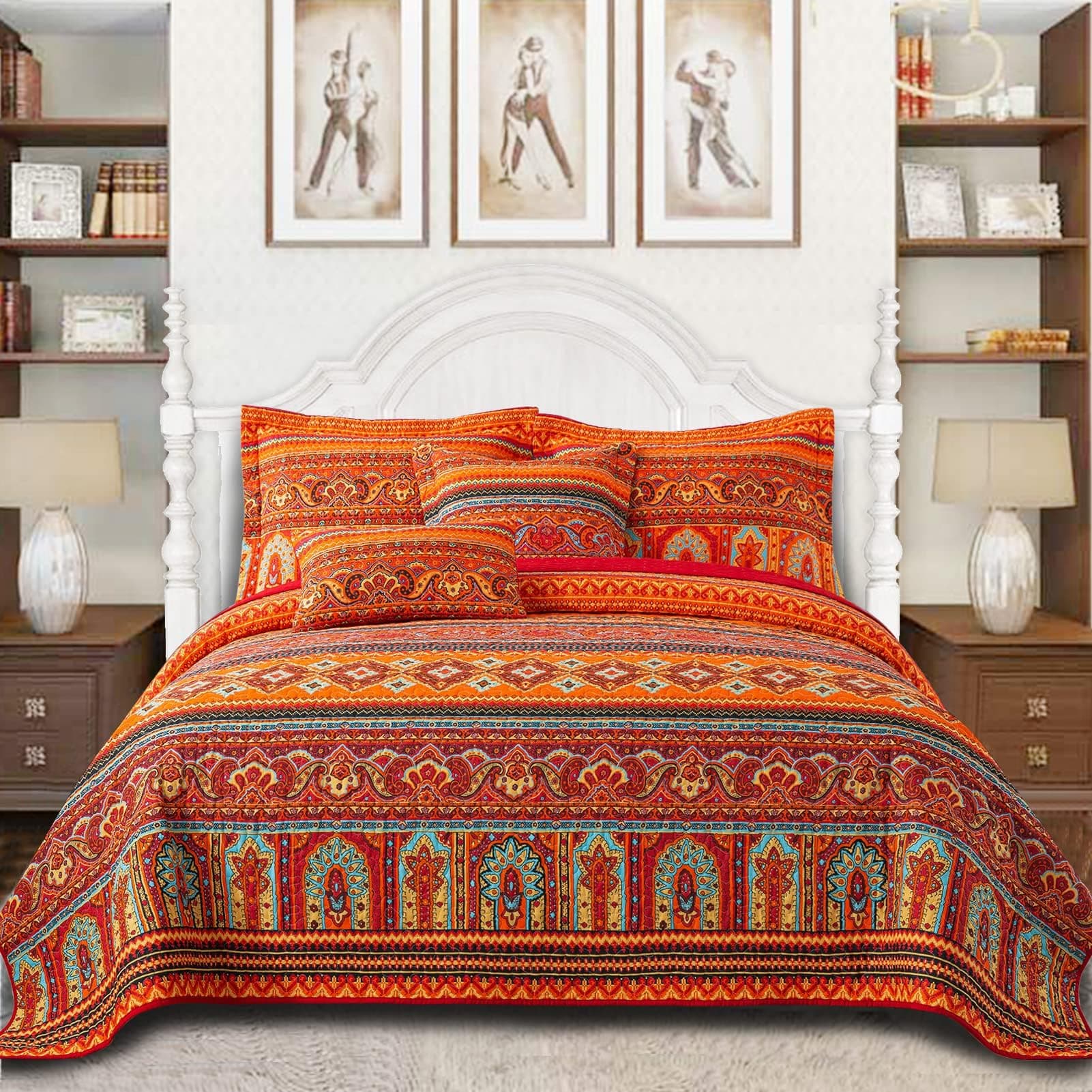 Cotton Quilt King Size Bedding Set - 3 Pieces King Quilt Bedding Set, Boho King Size Quilts, Lightweight Reversible Coverlets Bedspreads for Farmhouse Bedroom (Red/Orange)