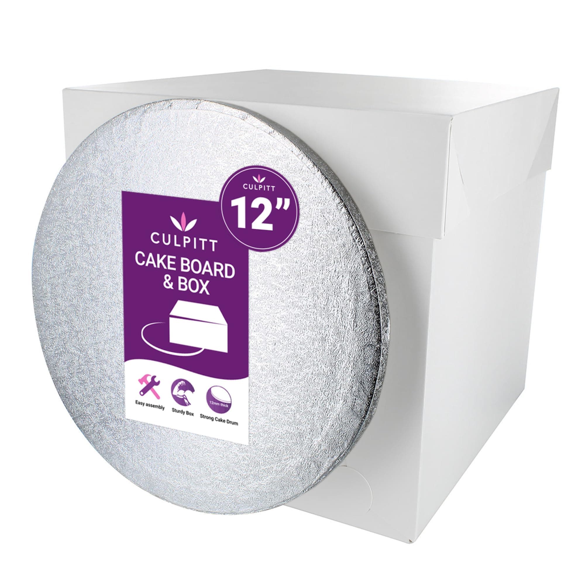 – Culpitt 12" Round Silver Cake Drum Board & Tall White Box Combo, 12 x 12 x 12 Inch Square Box and Matching Circle Set for Tiered or Decorated Cake Transport