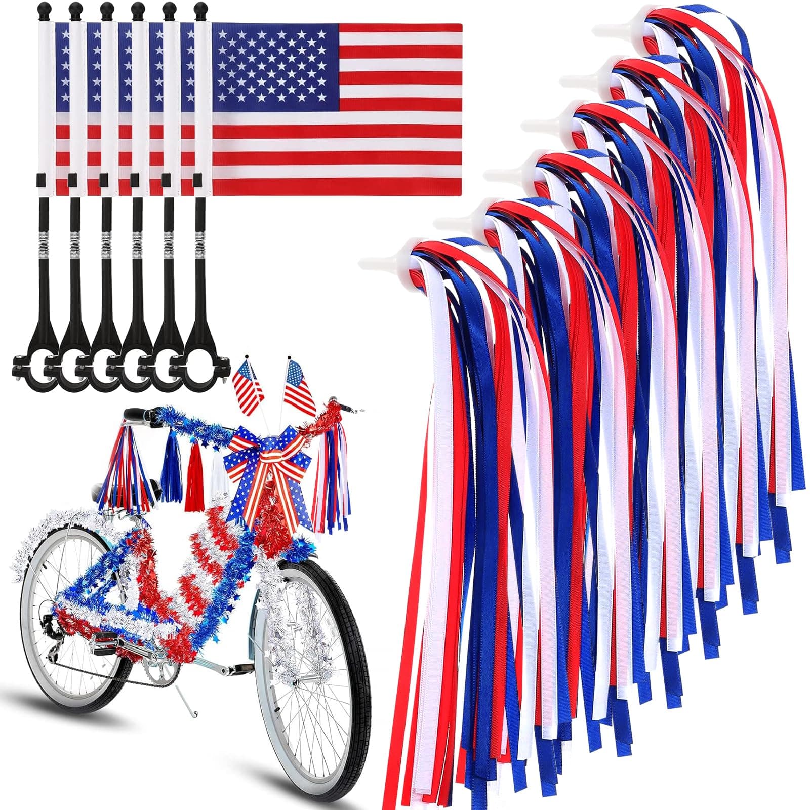 YumSur 4th of July Bike Decorations 6 Sets, American Flag and Patriotic Bike Ribbon Streamers, Bike Accessories for Kids July 4 Independence Day, Red White Blue Decor for Kids Adult Bicycle