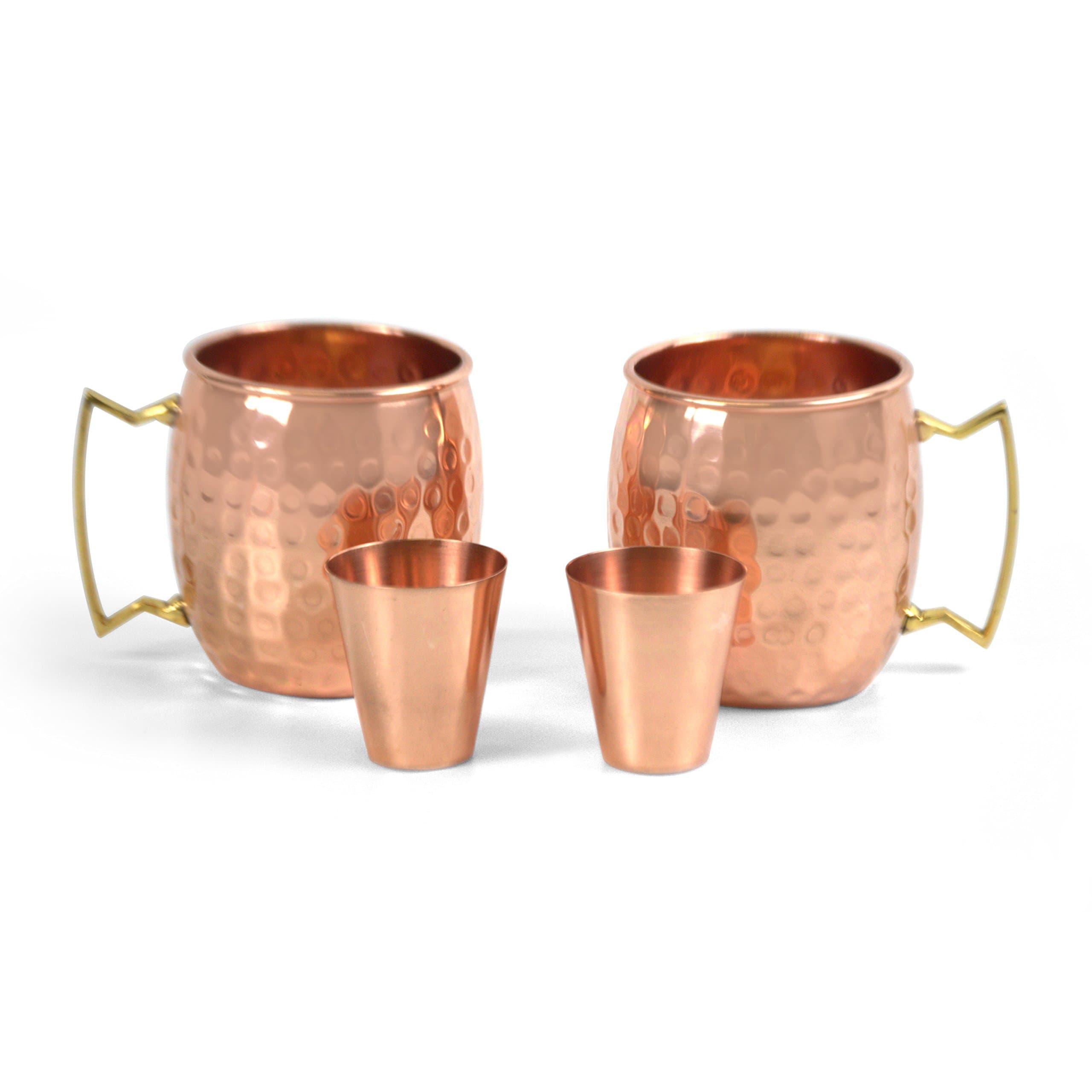 OwlCreek Handmade 100% Copper Mugs Set of Two 18 oz Hammered Cups Coated in Food Grade Lacquer with Two Bonus 2 oz Copper Shot Glasses