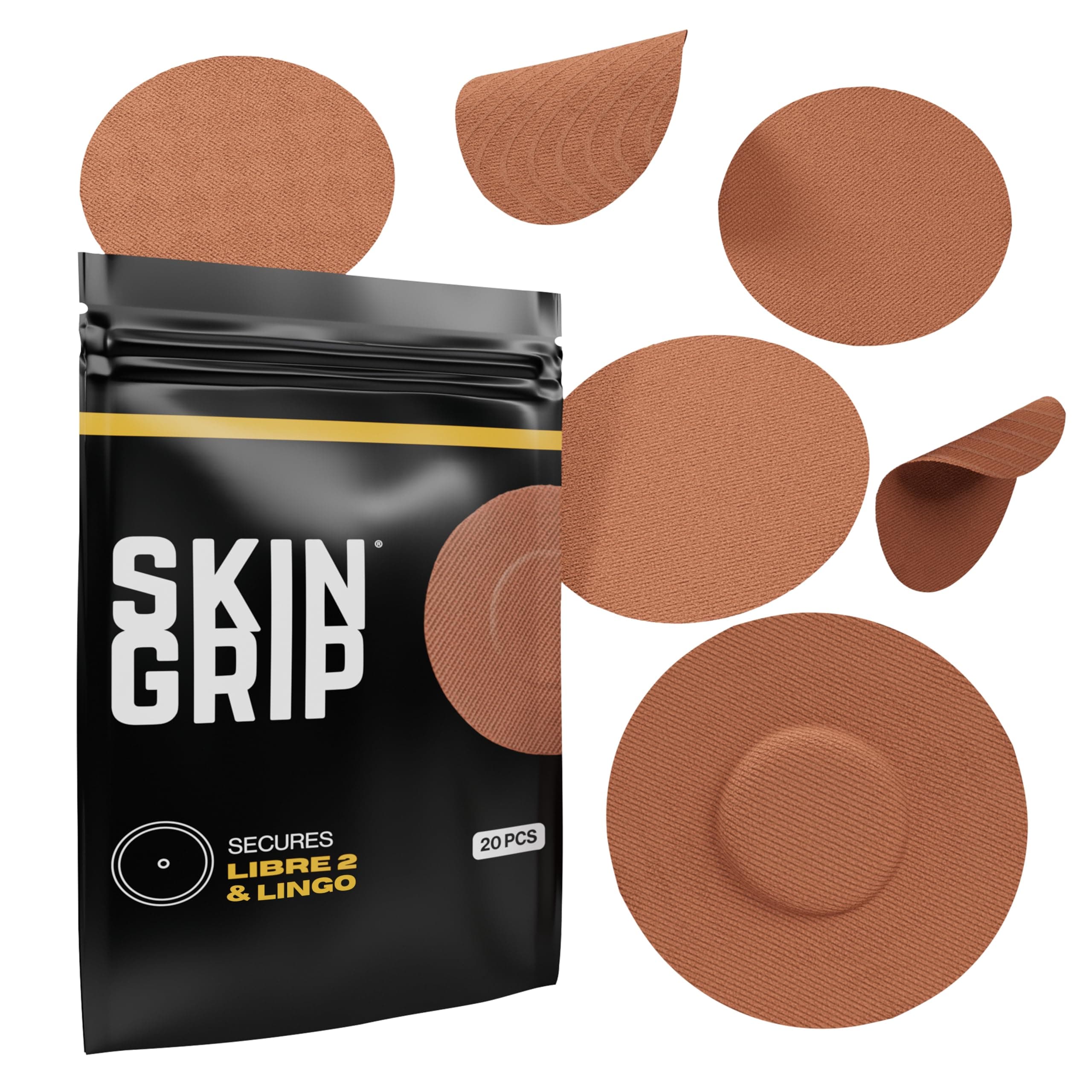 Skin Grip Adhesive Patches for Freestyle Libre 2 – Waterproof & Sweatproof for 10-14 Days, Pre-Cut Adhesive Tape, Continuous Glucose Monitor Sensor Cover – 20 Pack, Chocolate