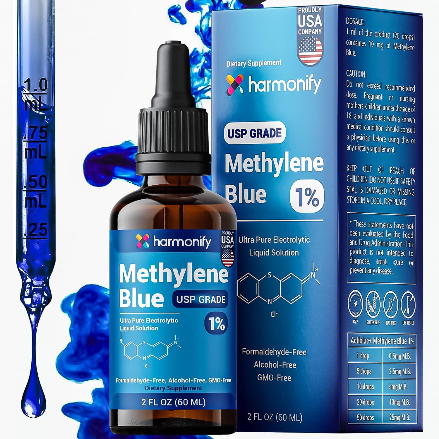 Methylene Blue Dietary Supplement 50 ml, Made in USA, 1% USP, Third-Party Tested, No Formaldehyde