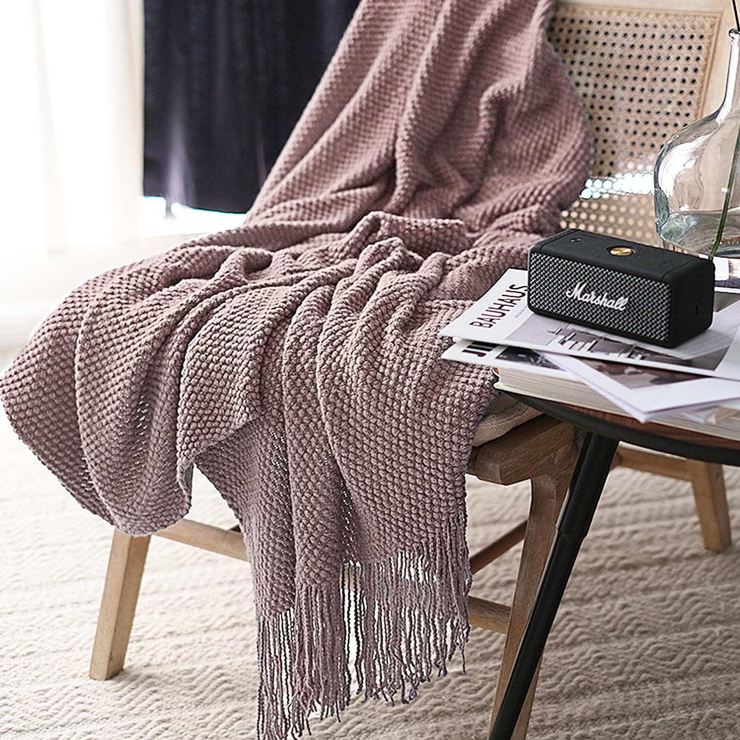 LOMAO Knitted Throw Blanket with Tassels Bubble Textured Lightweight Throws for Couch Cover Home Decor (Brownish Pink, 50x60)