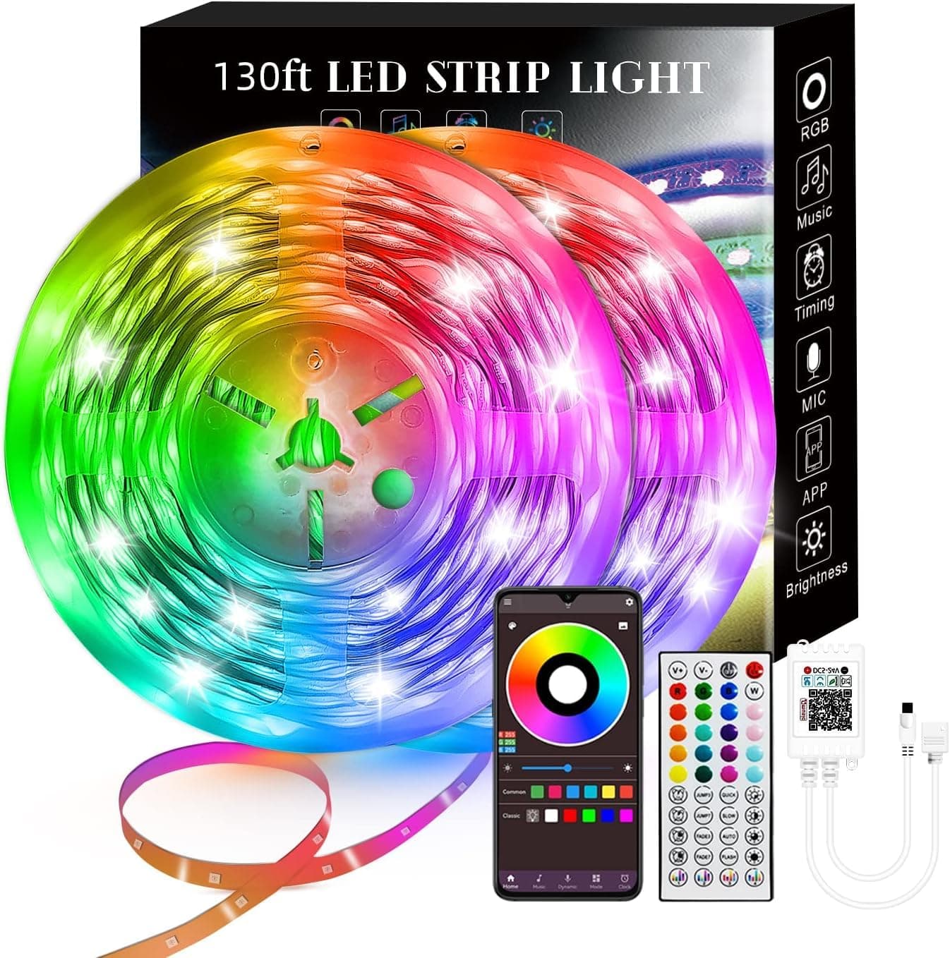 130ft RGB LED Strip Lights (2 Rolls 65ft) Music Sync, Dimmable, Indoor Use, String Lights