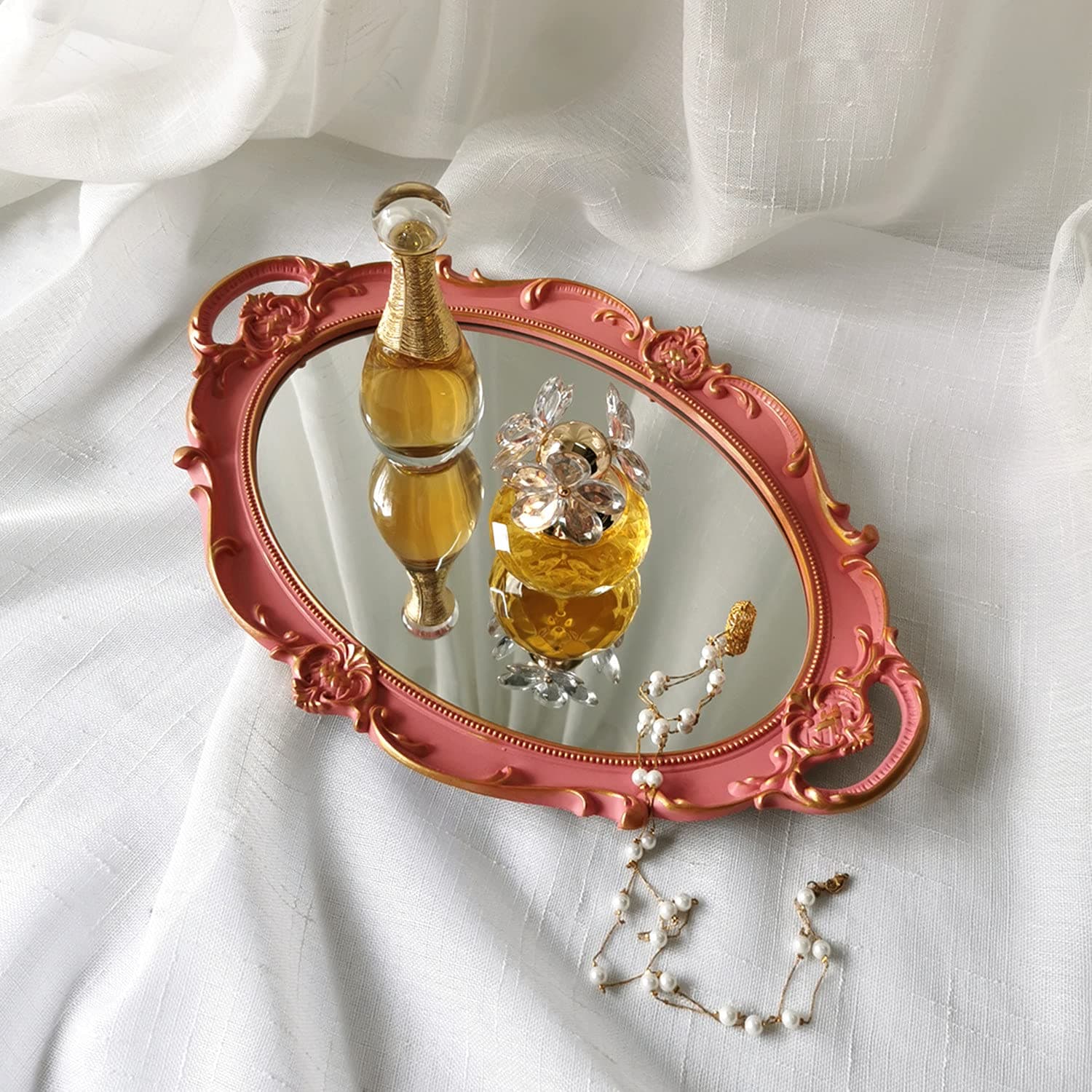 Yamfurga Polyresin Ellipse Decorative Mirror Tray, French Style, Makeup Organizer, Jewelry Organizer, Serving Tray, 9.8"x 14.6", Golden Pink