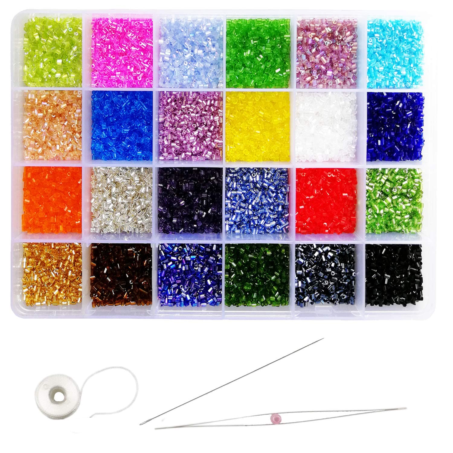 Size 11/0 Crafts Glass Seed Beads 2mm Bugle Beads Beading Needles with Organizer Box for Jewelry Making (24 Assorted Multicolor Set, Total About 21600pcs)
