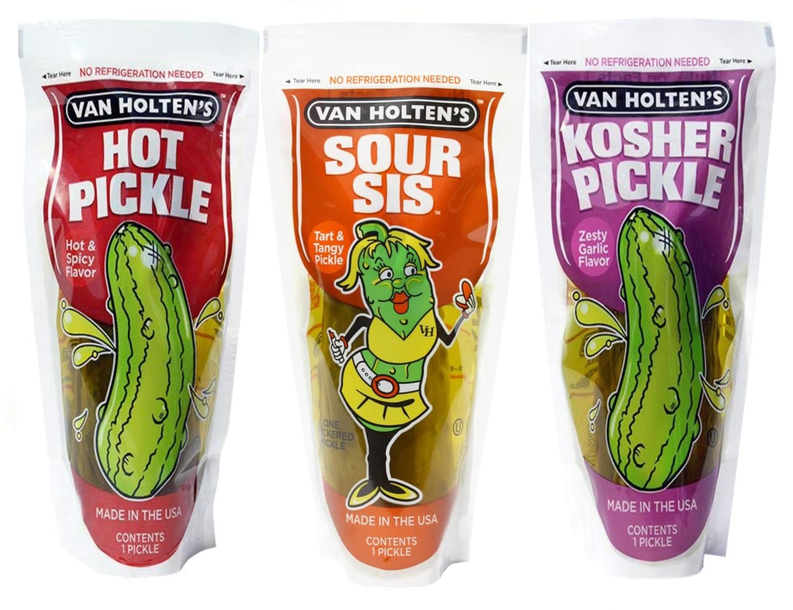 Van Houltens Jumbo Pickle in A Pouch Variety Pack - 3 Flavours - Kosher Garlic - Hot and Spicy - Sour Sis [3 PACK BUNDLE]