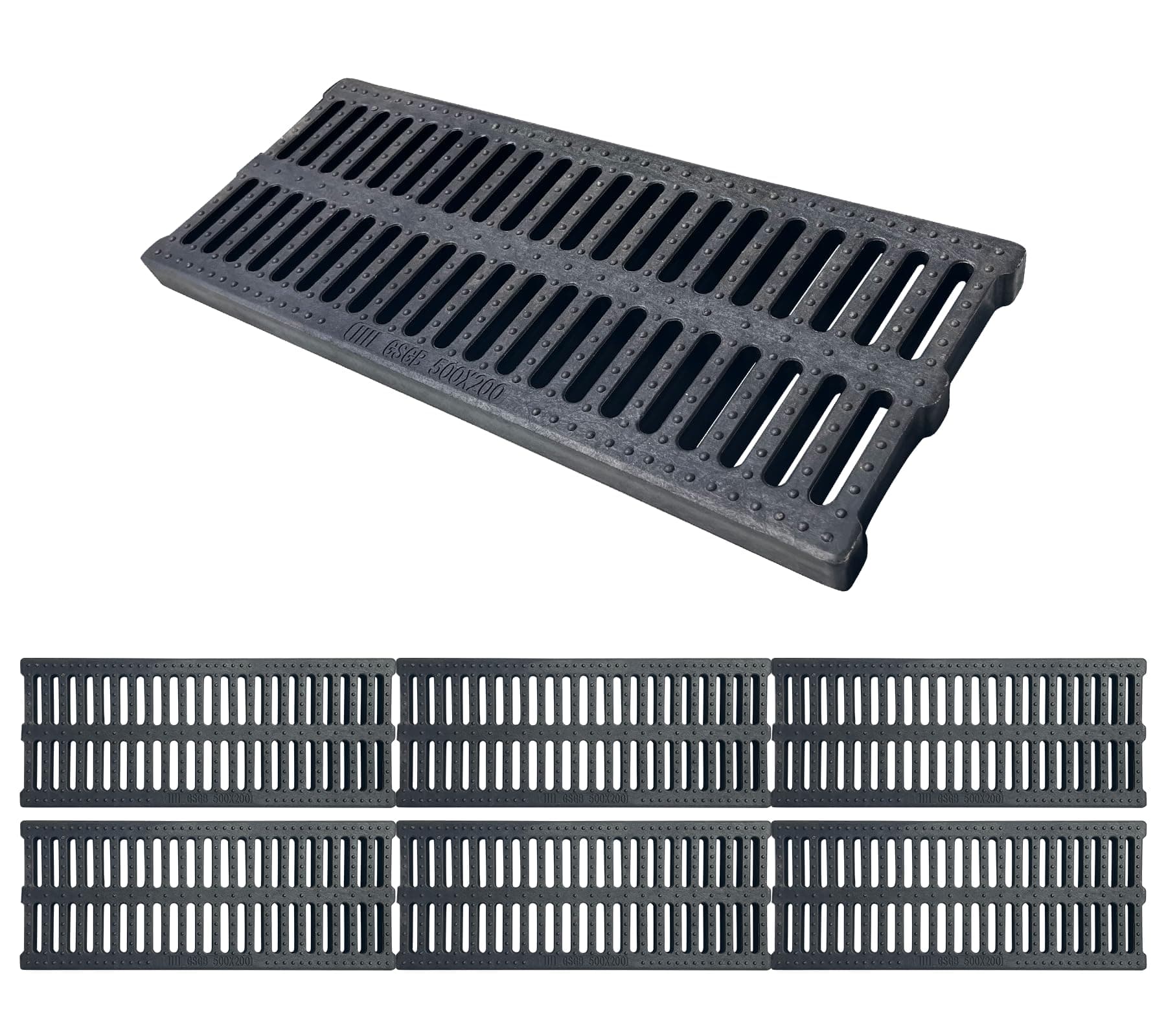 6 Pack Polymer Plastic Storm Drain Grate-500x200x25mm Rectangular Channel Grate Garden Drainage Grates Outdoor Trench Cover Total Length 3m for Houseside pavement Yard Patio commercial