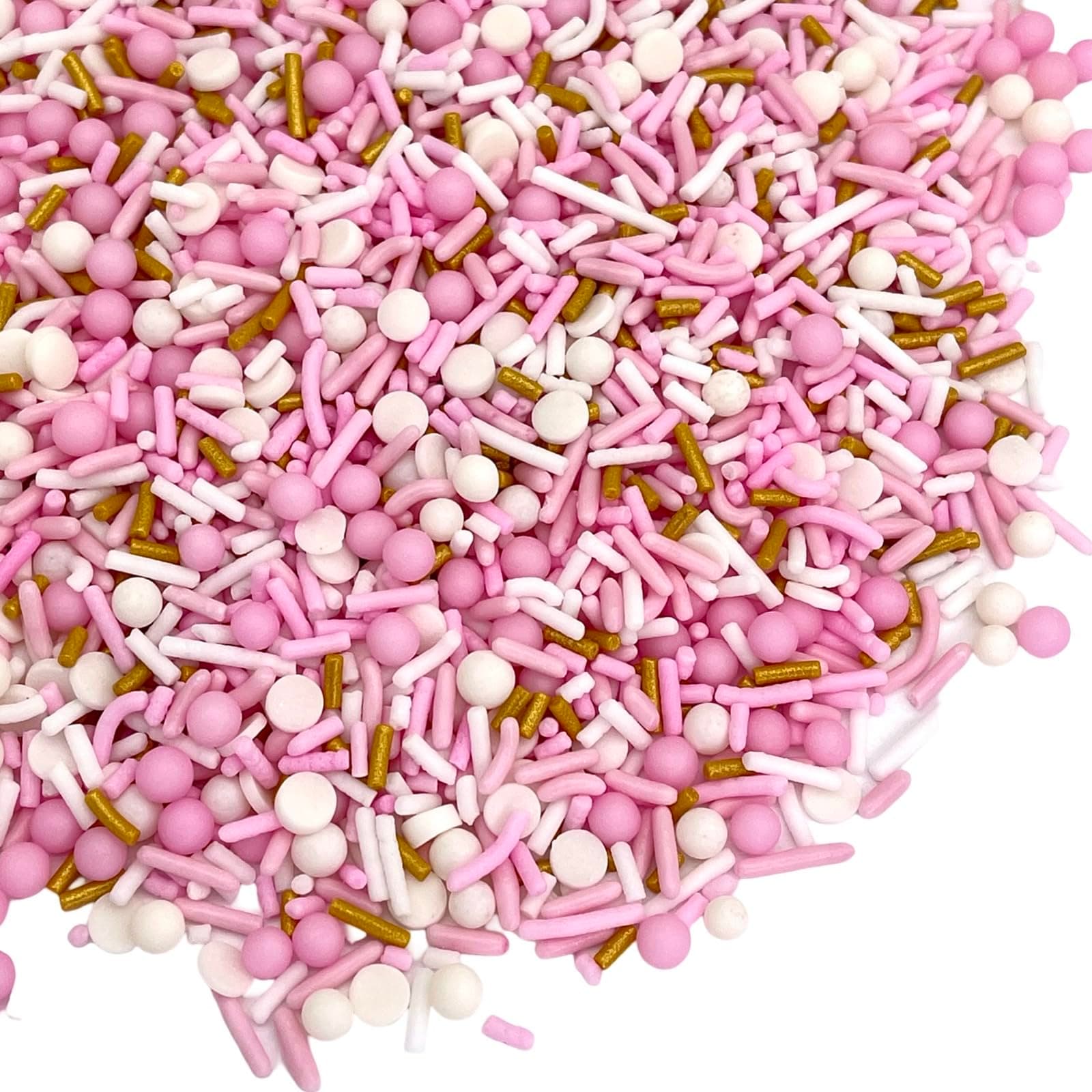 pink sprinkles, valentines, cake sprinkles, gluten free, cookies, chocolate, fondant, princess topping, ice cream, edible, dessert decoration (Gold Pink)