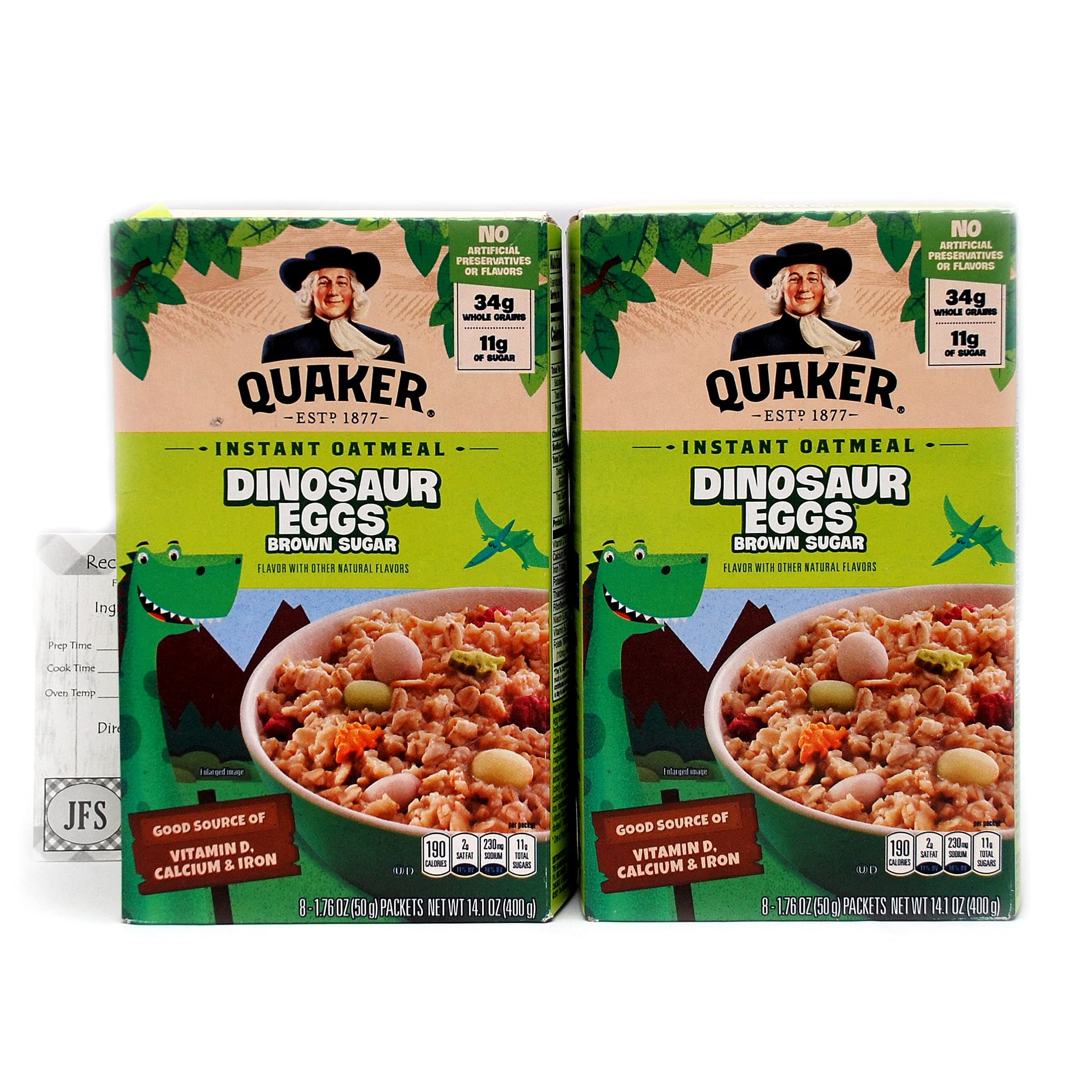 Dinosaur Eggs Quaker Brown Sugar Oatmeal, Pack of 2-14.1 Oz (400g) Boxes Bundled with a JFS Recipe Card- 2 Boxes Containing 8 Packets Each (16 Packets Total)