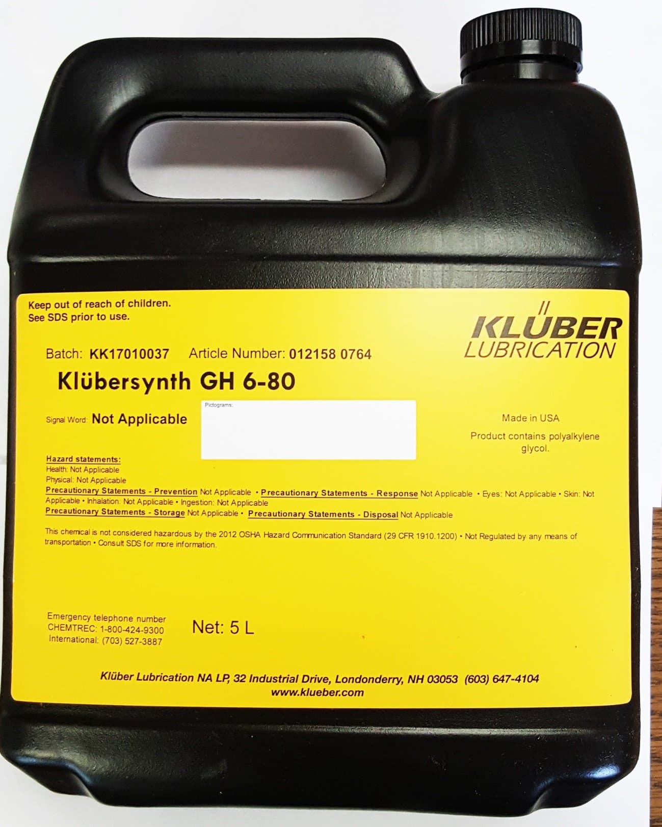 Klubersynth GH6-80 Bottle Synthetic High Temperature Gear Oil 5 Liter Containerr