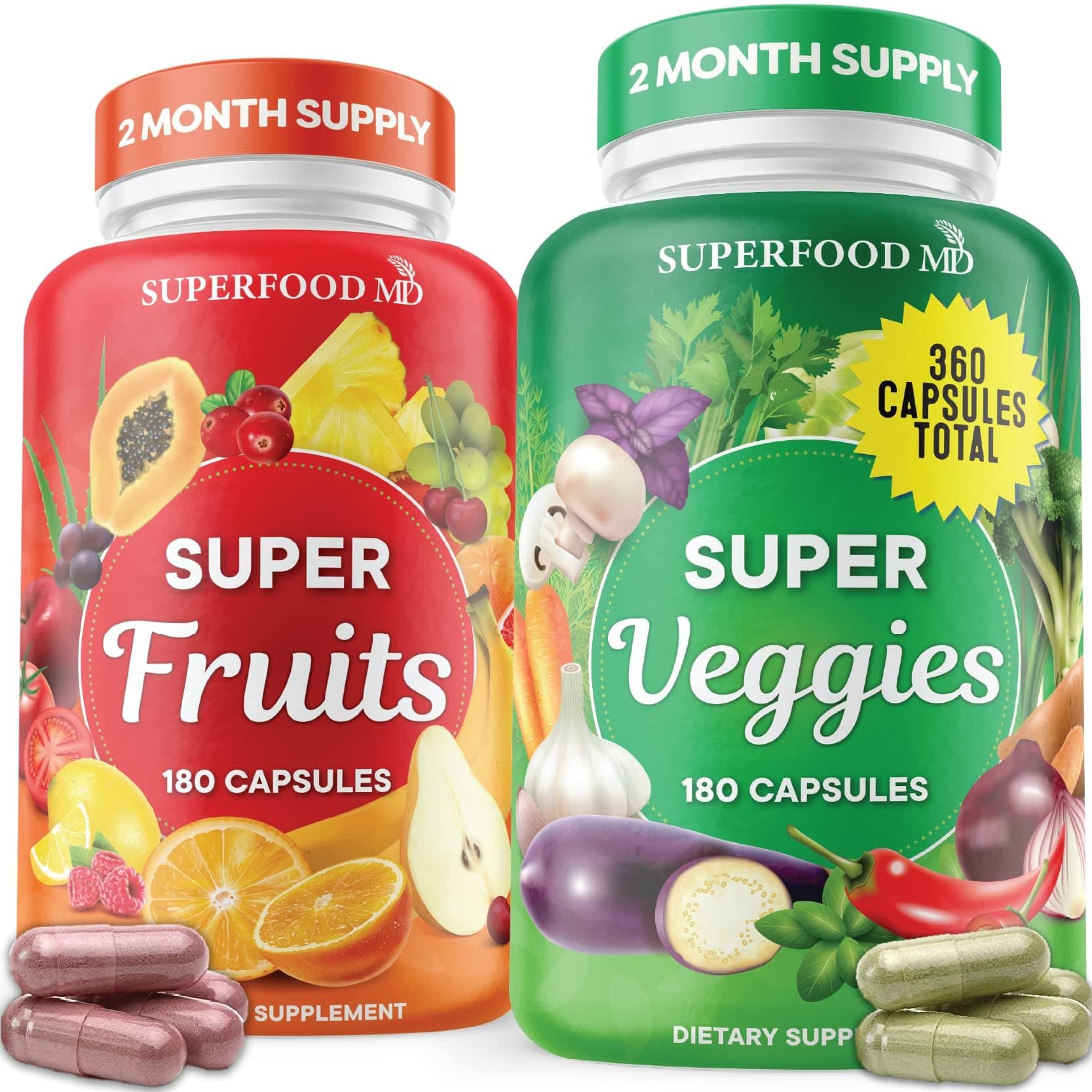 Superfood Fruit and Veggie Supplement - 360 Whole Super Fruit and Vegetable Supplements & Vitamin with Beta-Carotene, Soy Free- 180 Count (Pack of 2)