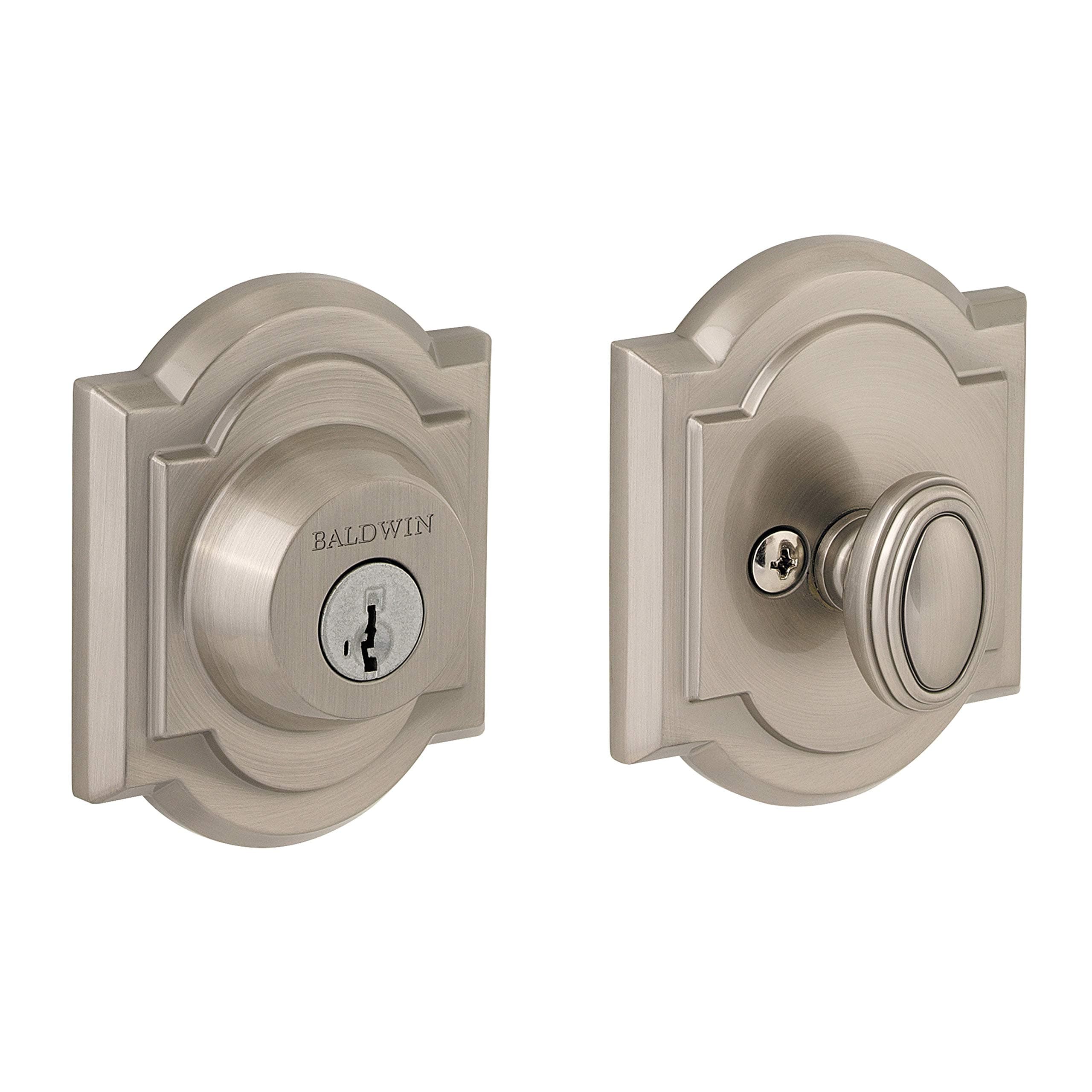 Baldwin Arch, Single Cylinder Front Door Deadbolt Featuring SmartKey Re-key Technology and Microban Protection, in Satin Nickel
