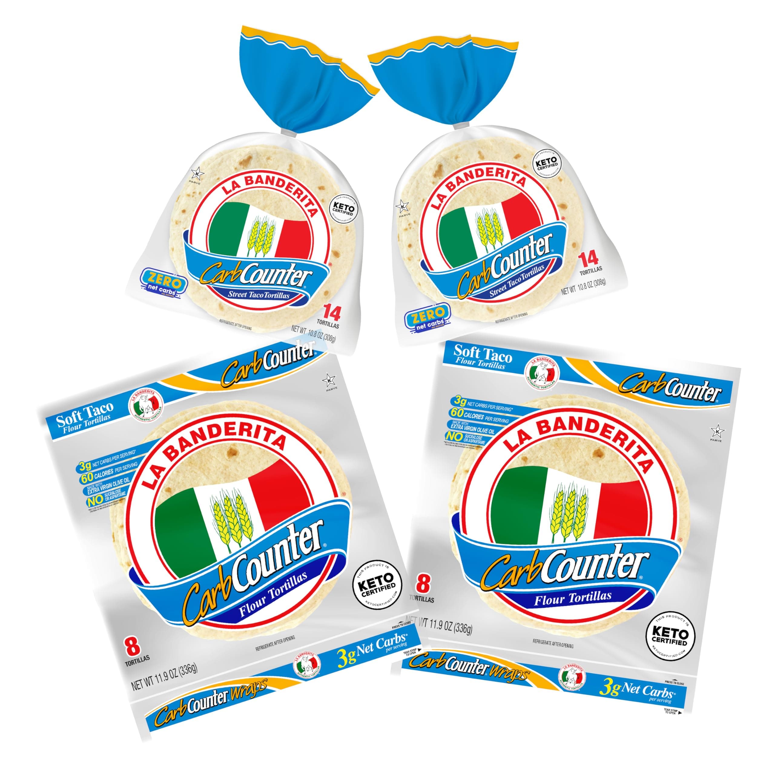 La Banderita Carb Counter® Variety Pack | 4.5" & 8" Size Flour Tortillas |Carb Friendly |Keto Certified | 10.8 & 11.9 oz/e.| 14 & 8 Count (Pack of 2-4.5" & Pack of 2-8")
