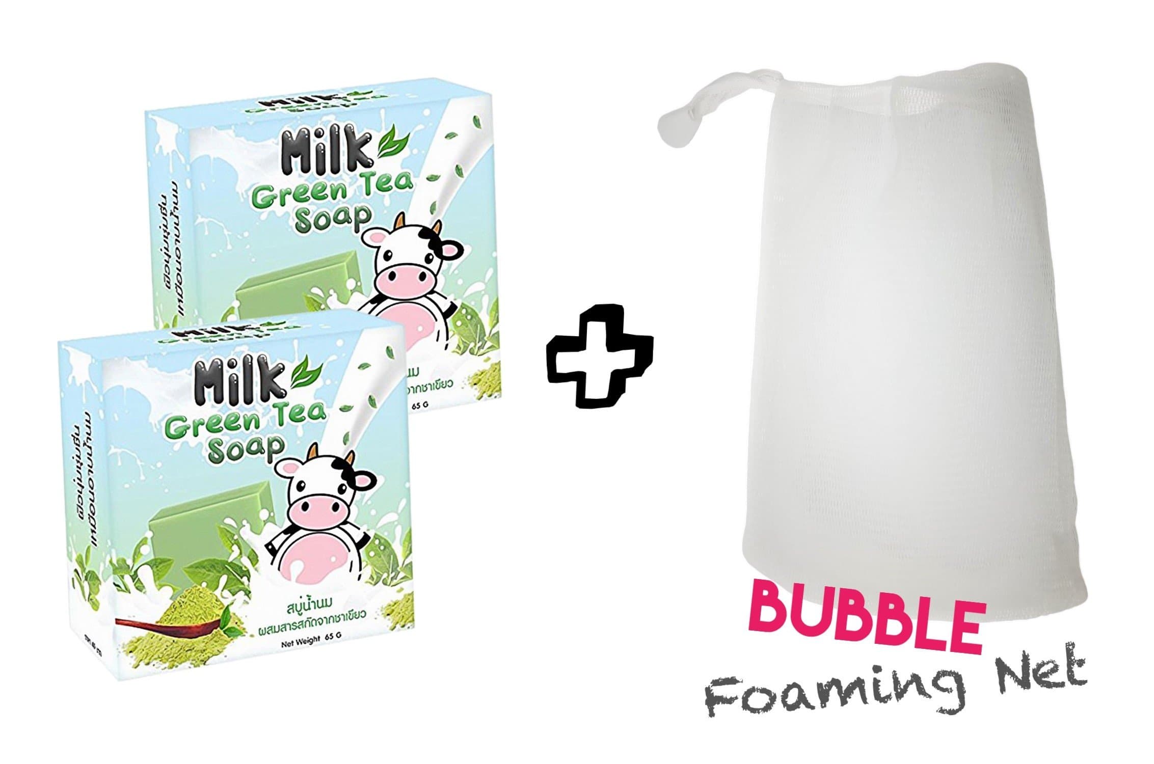 Milk Green Tea Mini Bar Soap + Bubble Foaming Net | Korean K Beauty Style Cleansing Soap that Lightens Skin & Reduces Dark Spots - Great as Party Favor or Gift (2-PACK)