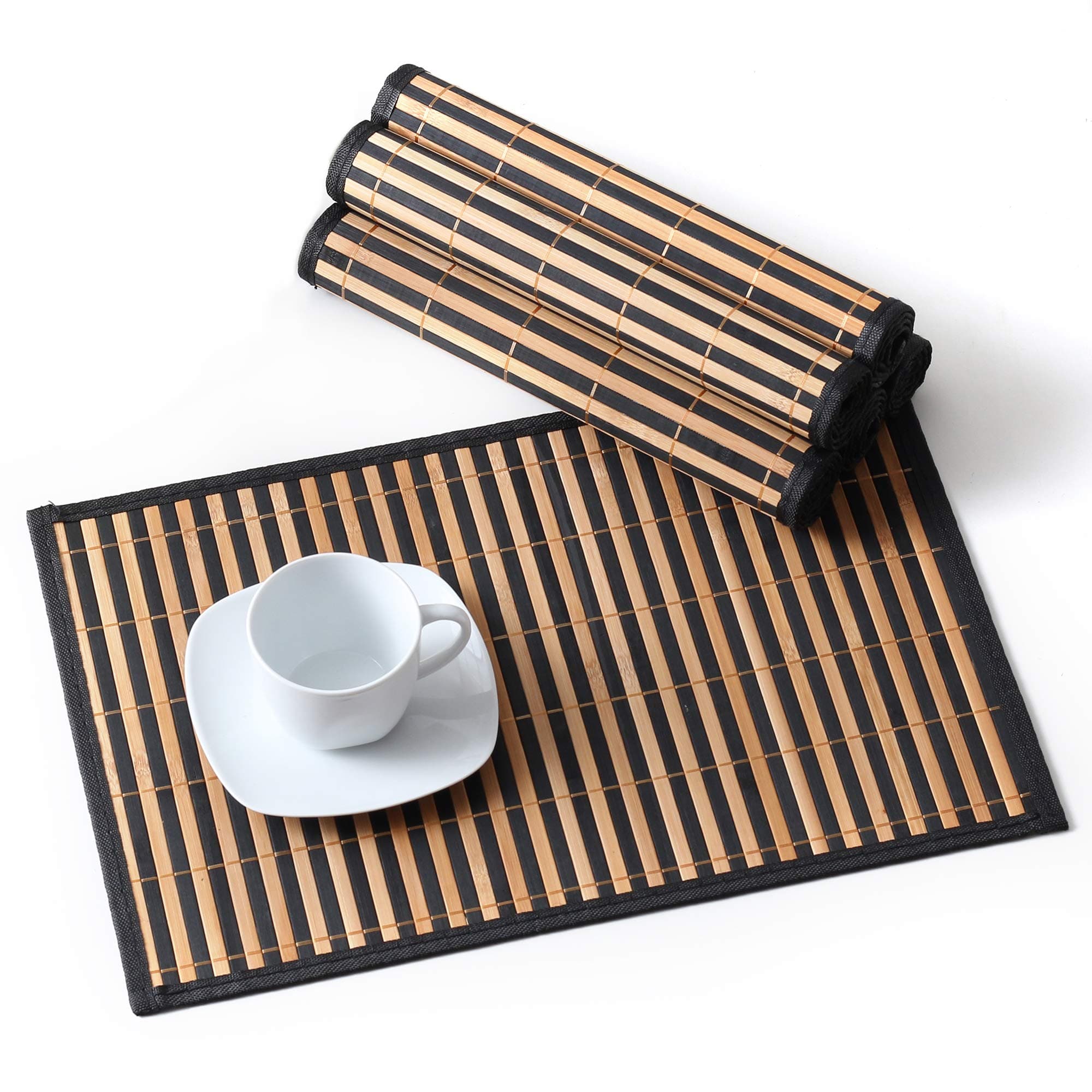 LOVECASA Placemats Set of 6, Bamboo Table Mats Set with Leaf Pattern, 18'' × 12'' Woven Placemat, Washable Heat-Resistant Place Mats for Kitchen, Black Leaf