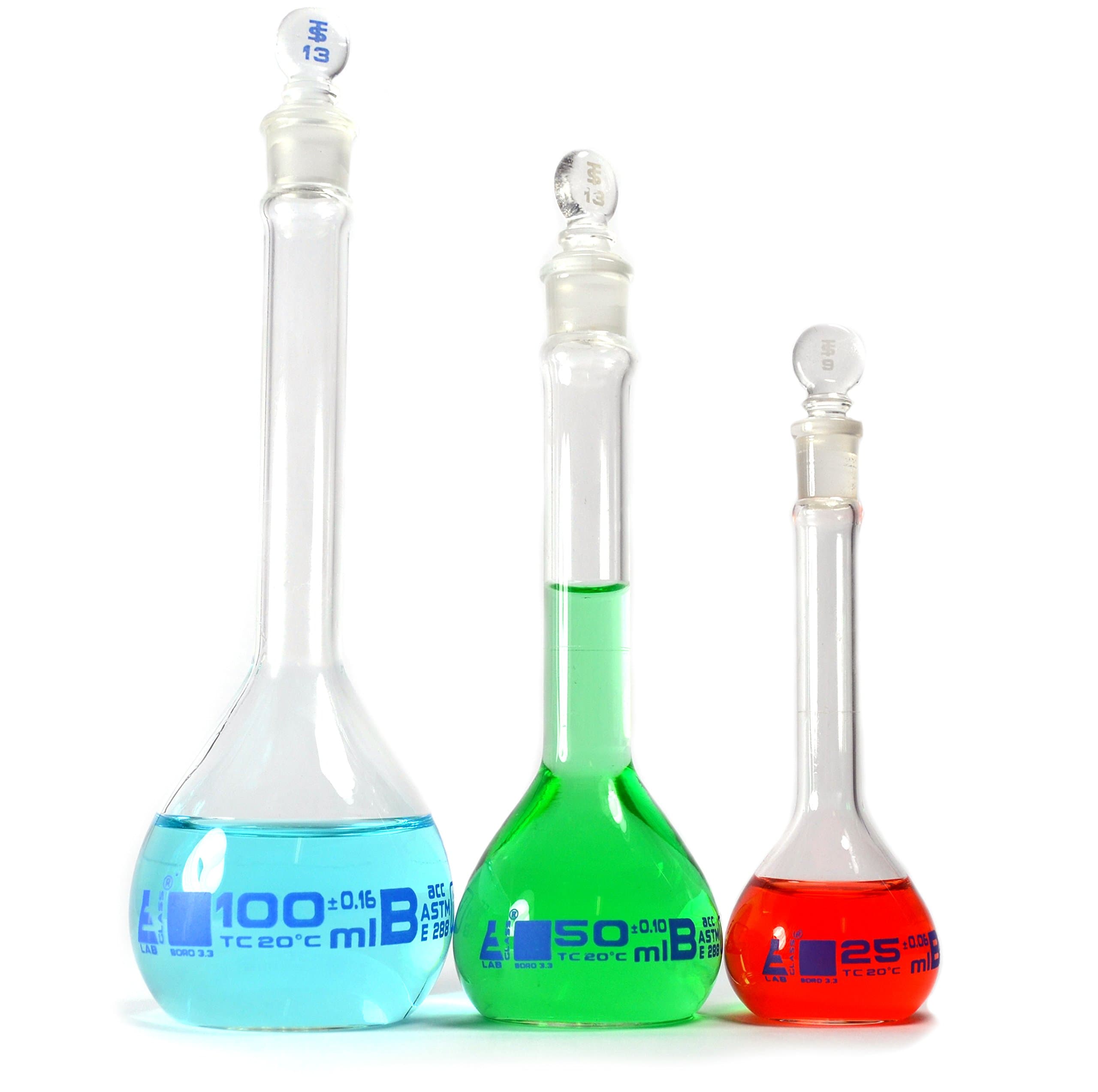 Volumetric Flask Set, 3 Pieces - Class B, ASTM - 25ml, 50ml & 100ml - Glass Stopper - Blue Graduation - Eisco Labs