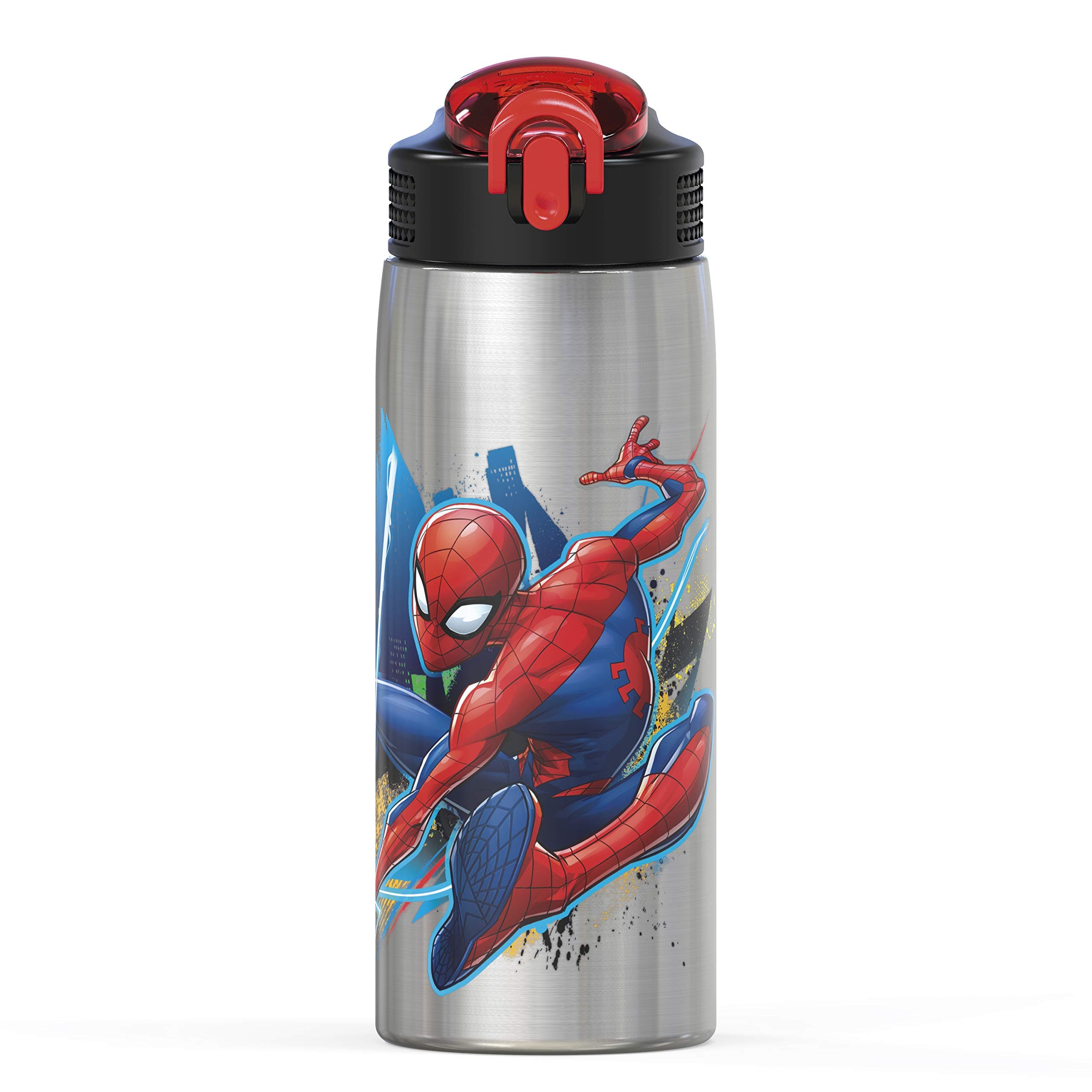 27oz Marvel 18/8 Single Wall Stainless Steel Water Bottle with Flip-up Straw and Locking Spout Cover, Durable Cup for Sports or Travel (27oz, Spider-Man)