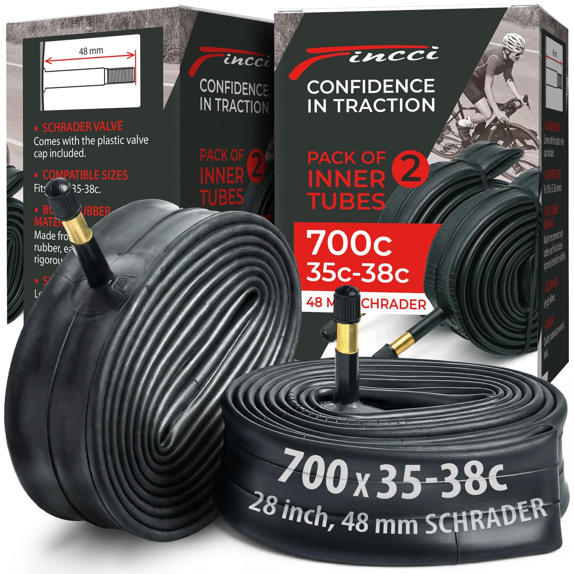 Fincci Pack Inner Tubes 700c x 35c x 38c with 48mm Schrader Valve - 700c Bike Tube for Gravel, Urban, Road,Touring, Hybrid, Bicycles, E Bikes - 28 inch Bike Tubes Butyl Rubber for Wheels 622