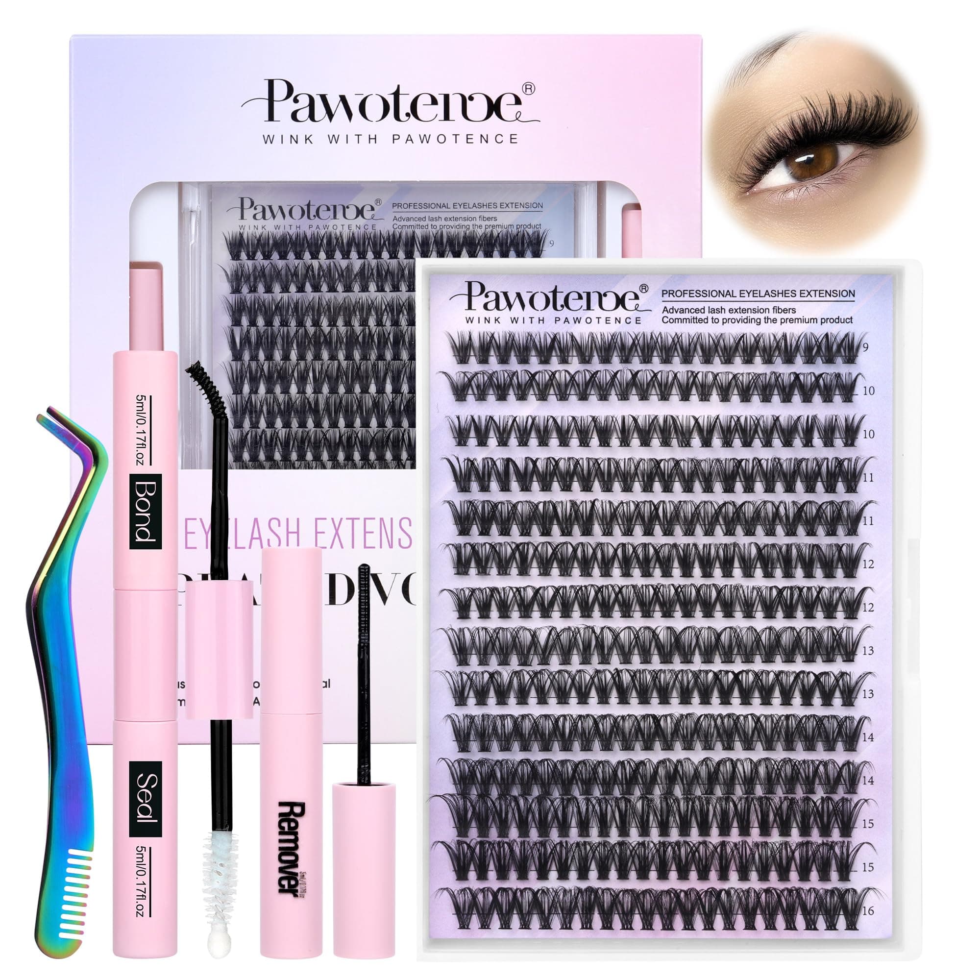 Pawotence Lash Extension Kit DIY 280pcs Individual Lash Clusters Kit 9-16mm 40D Cluster Eyelash Extension Kit with Lash Bond and Seal, Lash Remover, Lash Tweezers for Self Use (40D, 9-16mm, All Kit)