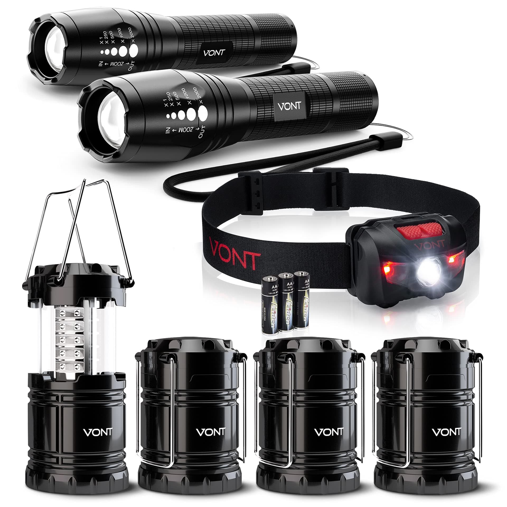 Vont Camping Lighting Bundle - 4-Pack LED Camping Lanterns + Tron Headlamp + Blaze 2 Pack Flashlight– The Ultimate Lighting Pack for The Great Outdoors & Camping Adventures