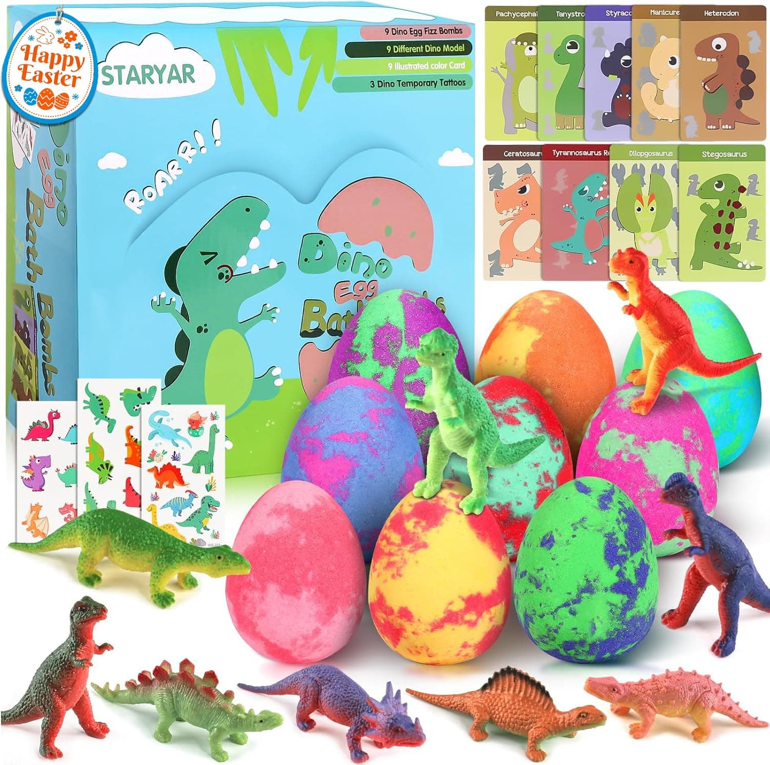 Bath Bombs for Kids with Surprise Toys Inside - 9 Pack Dinosaur Bath Bombs Gift Set, Dinosaur Toys for Kids 3 4 5 6 7 8 9 Years, Easter Gifts for Kids, Easter Basket Stuffers Bubble Bath Fizzes