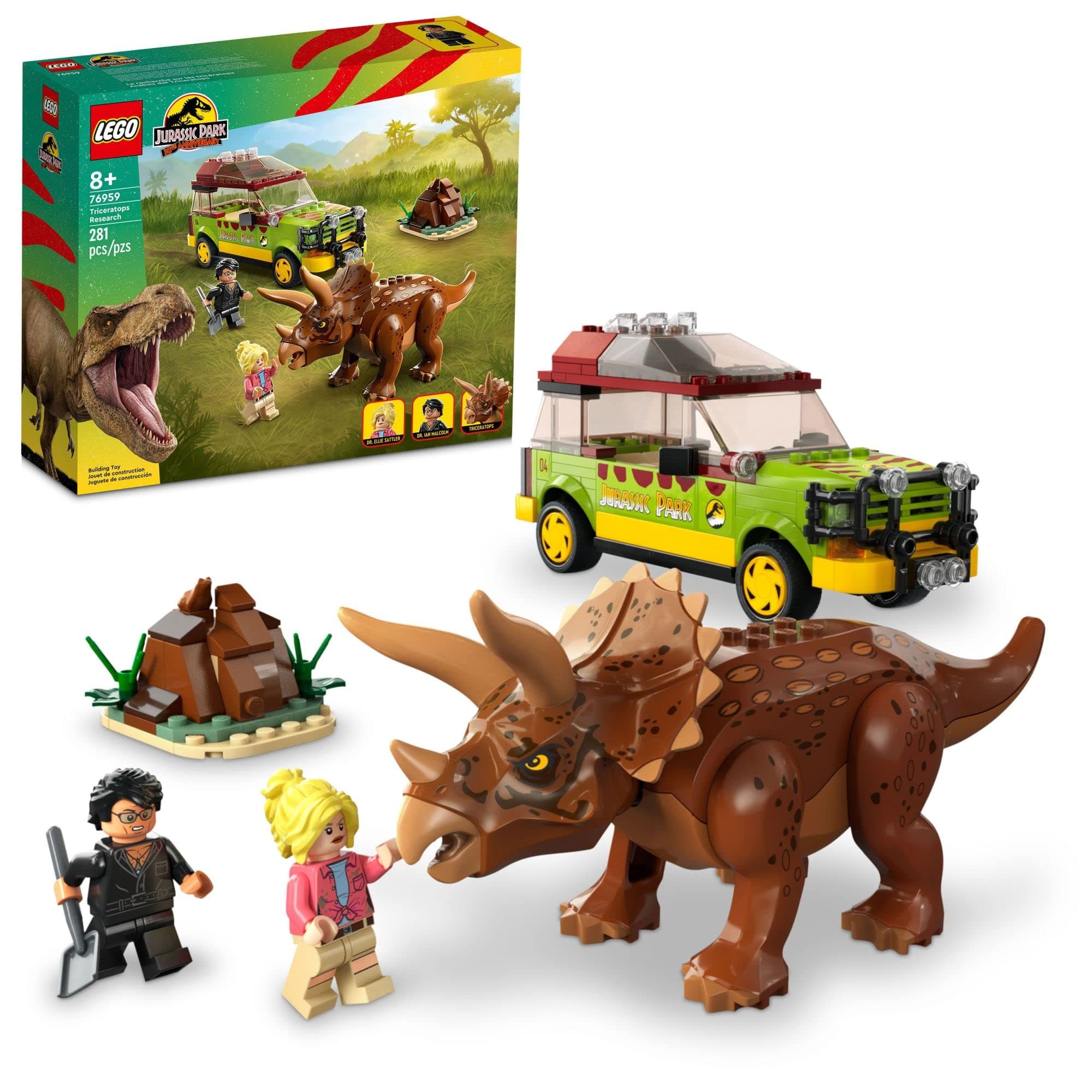 Jurassic Park Triceratops Research 76959 Jurassic World Toy Building Set; Fun Birthday Gift for Kids Aged 8 and Up, Featuring a Buildable Ford Explorer Car Toy, Dinosaur Figure and 2 Minifigures
