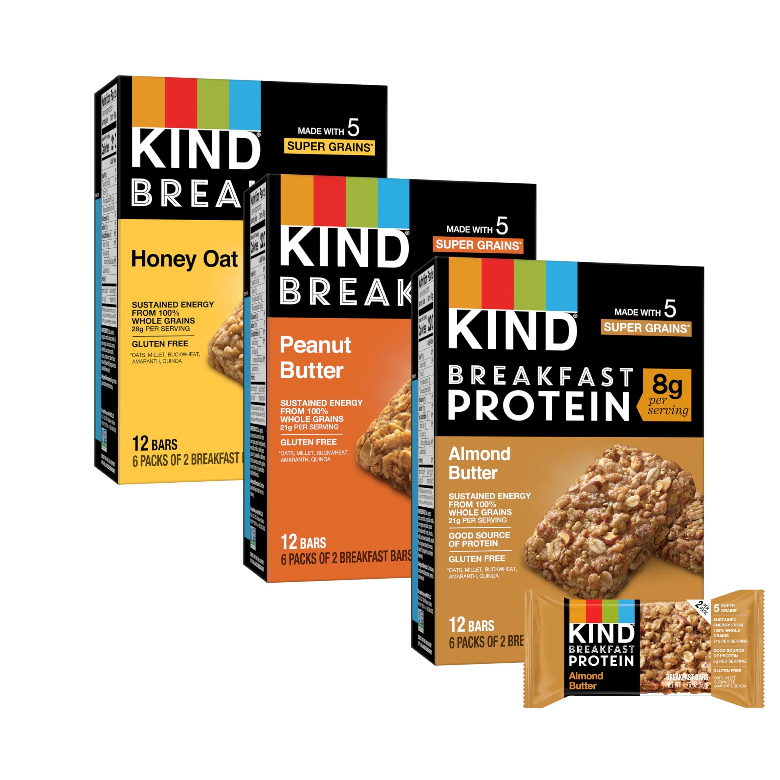KIND Breakfast Bars, Variety Pack, Honey Oat, Almond Butter, and Peanut Butter, Healthy Snacks, Gluten Free, 3-8g Protein, 18 Count