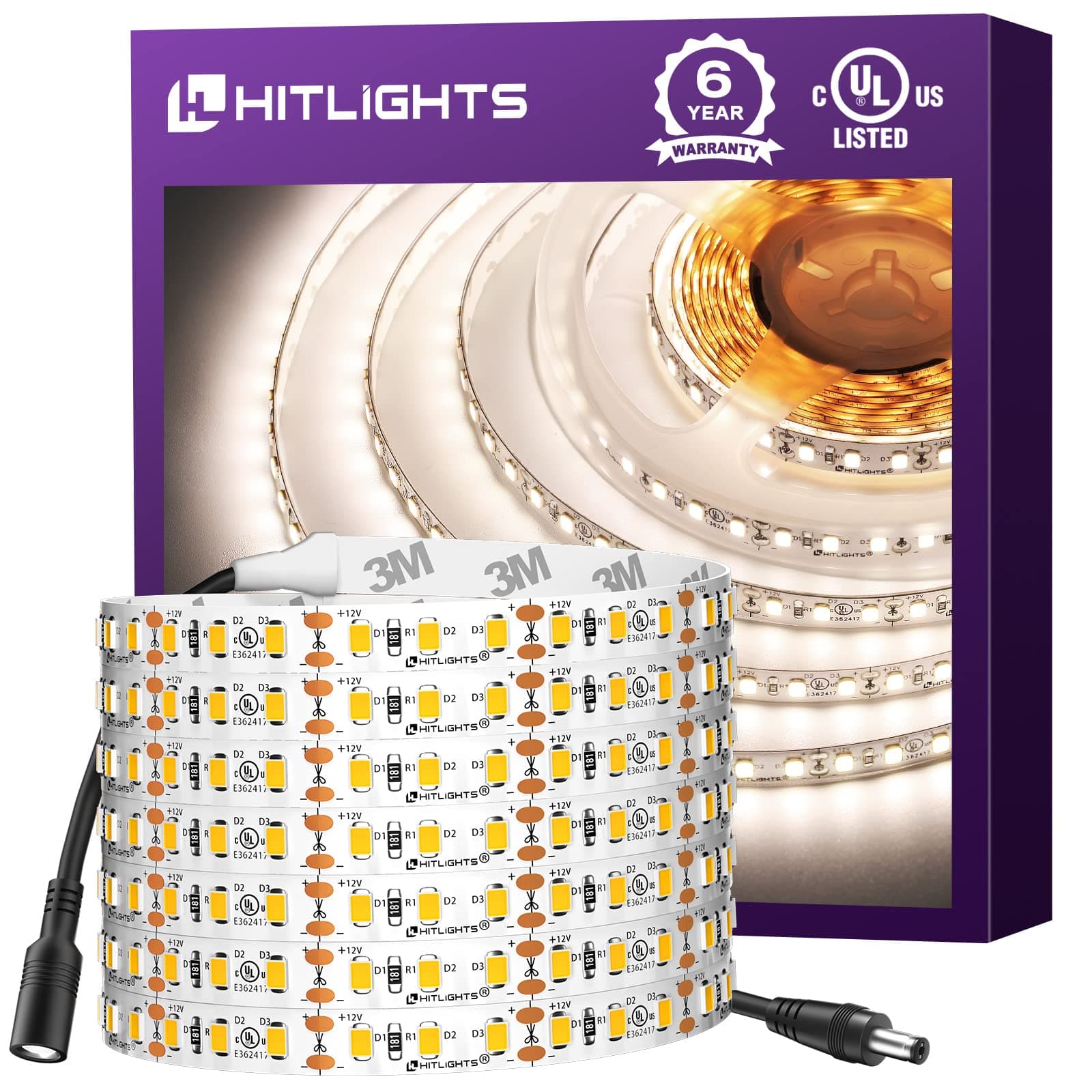 - HitLights White LED Strip Lights 4000K,16.4ft High Density 12V Tape Light, UL Listed, 600 LEDs, CRI>90, 300Lm/ft, Flexible Dimmable Rope Lights for Bedroom, Kitchen, Cabinet(Power Source Not Included)