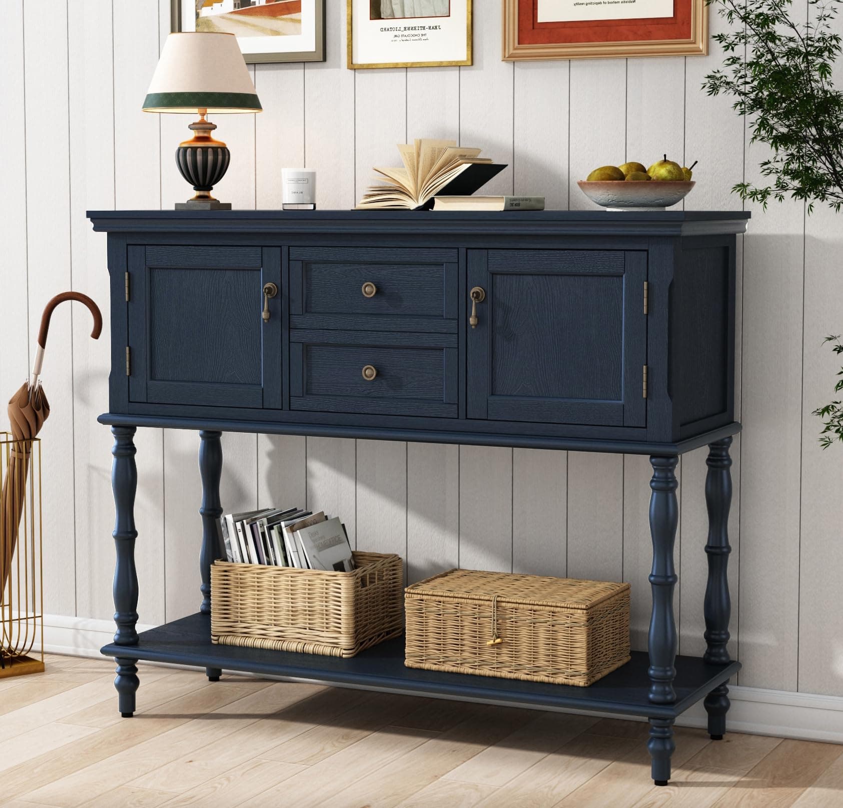 Console Table with 2 Door, Open Storage Shelf and Retro Entryway Table with 2 Drawers Cabinets, Accent Table, Behind Couch Table for Living Room, Foyer and Hallway, Blue