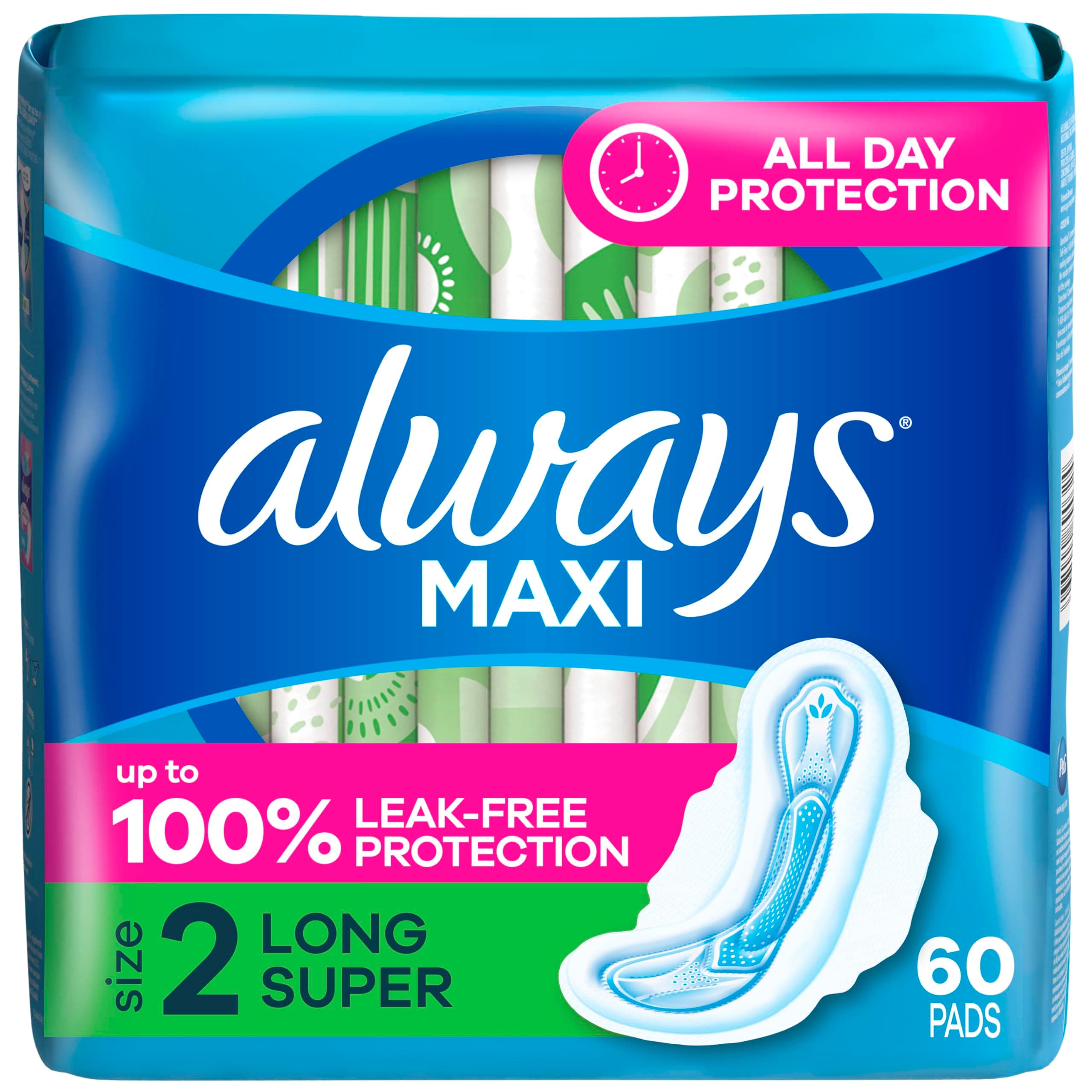 Maxi Feminine Pads with Wings for Women, Size 2, Long Super Absorbency, Unscented 60 Count
