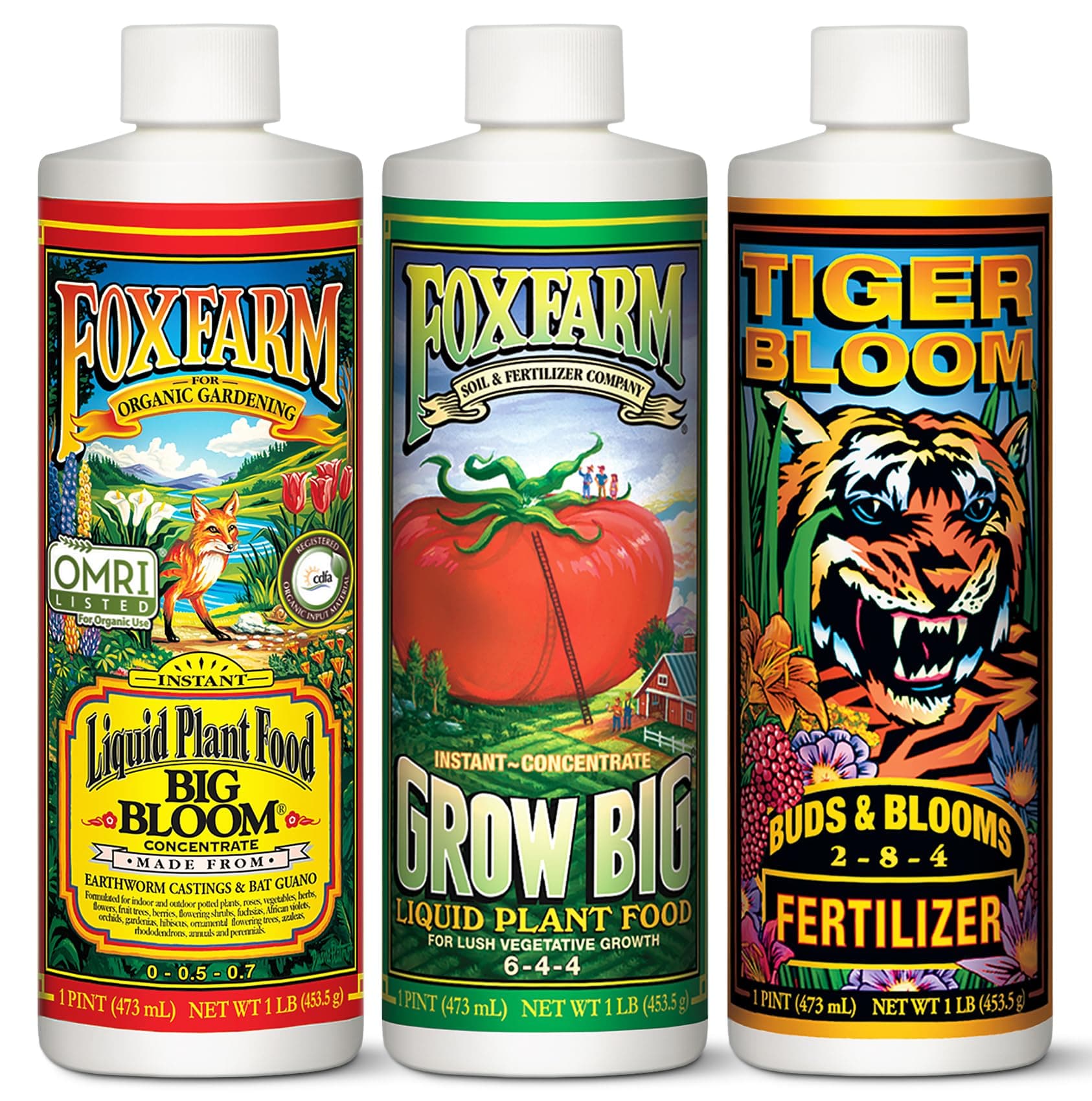 FoxFarm Liquid Nutrient Trio Soil Formula: Big Bloom, Grow Big, Tiger Bloom (Pack of 3-16 oz Bottles) 1 Pint Each + Twin Canaries Chart