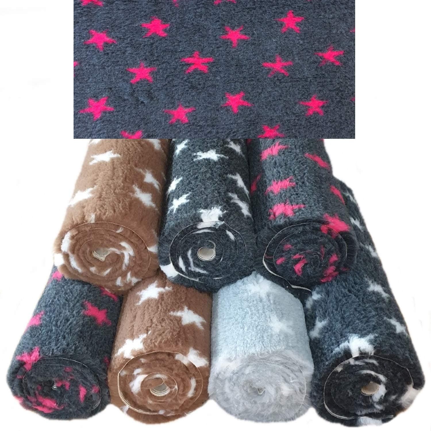 PnH Veterinary Bedding ® NON SLIP - STARS - DOG BED - WHELPING FLEECE - Stars Design Rubber Backed Vet Bed Roll Or Pieces - Choice Of Sizes And Colours (75cm x 50cm, Charcoal with Pink Stars)