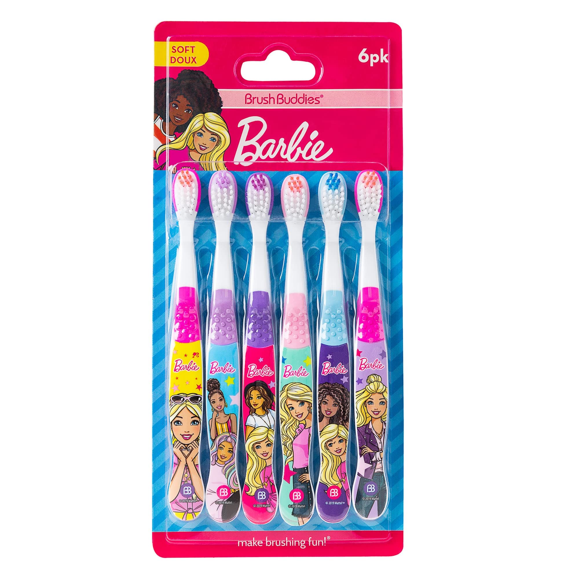 BrushBuddies Barbie Soft Toothbrush Set 6pk - Blue, Pink, Purple - Manual - Soft Bristles, Rounded Brush Head