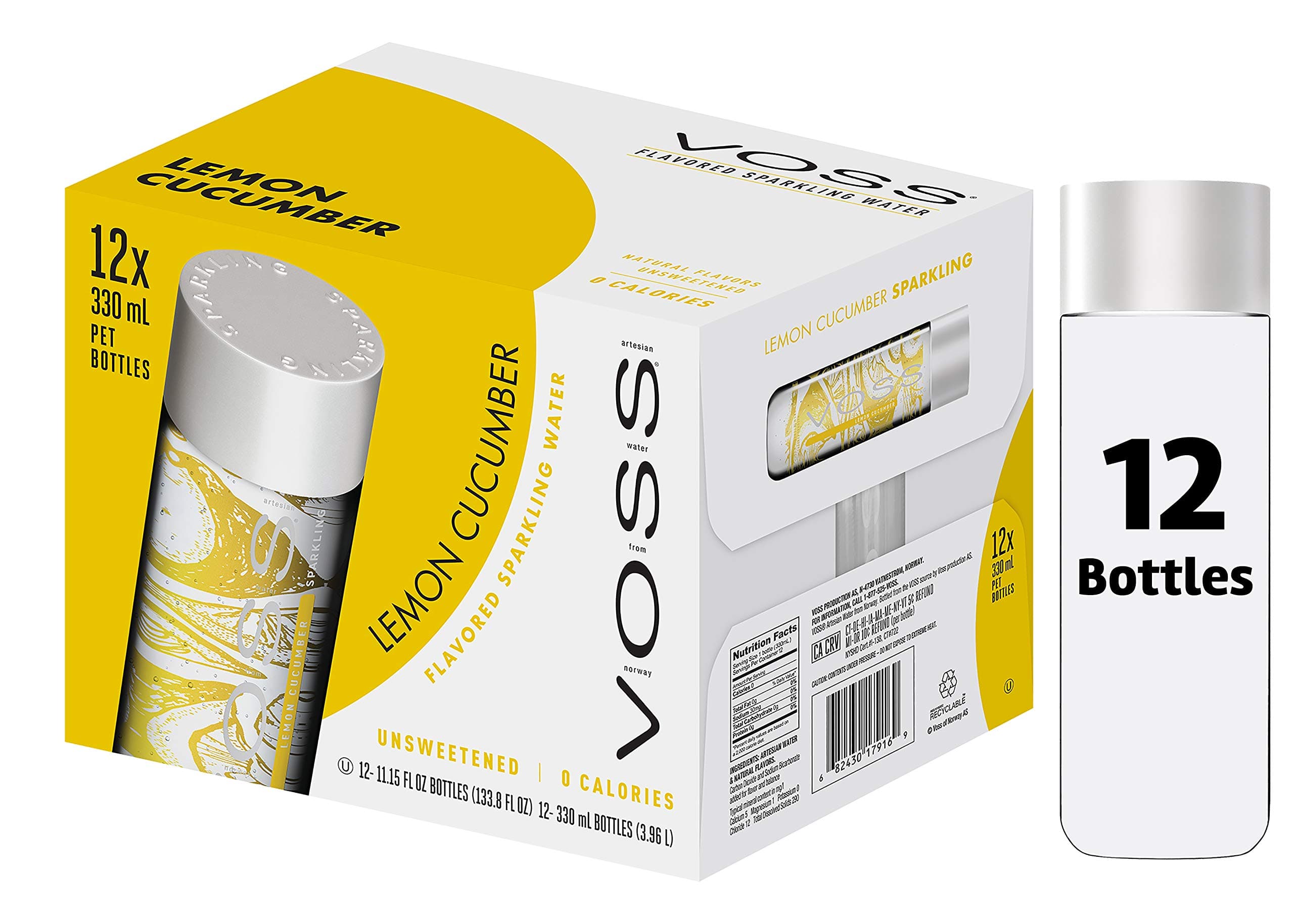 UK Water, Flavoured Sparkling Water, Lemon Cucumber, Zero Calories, No Sugar, Natural, PET Water Bottles, Bulk Pack of 12 x 330 ml