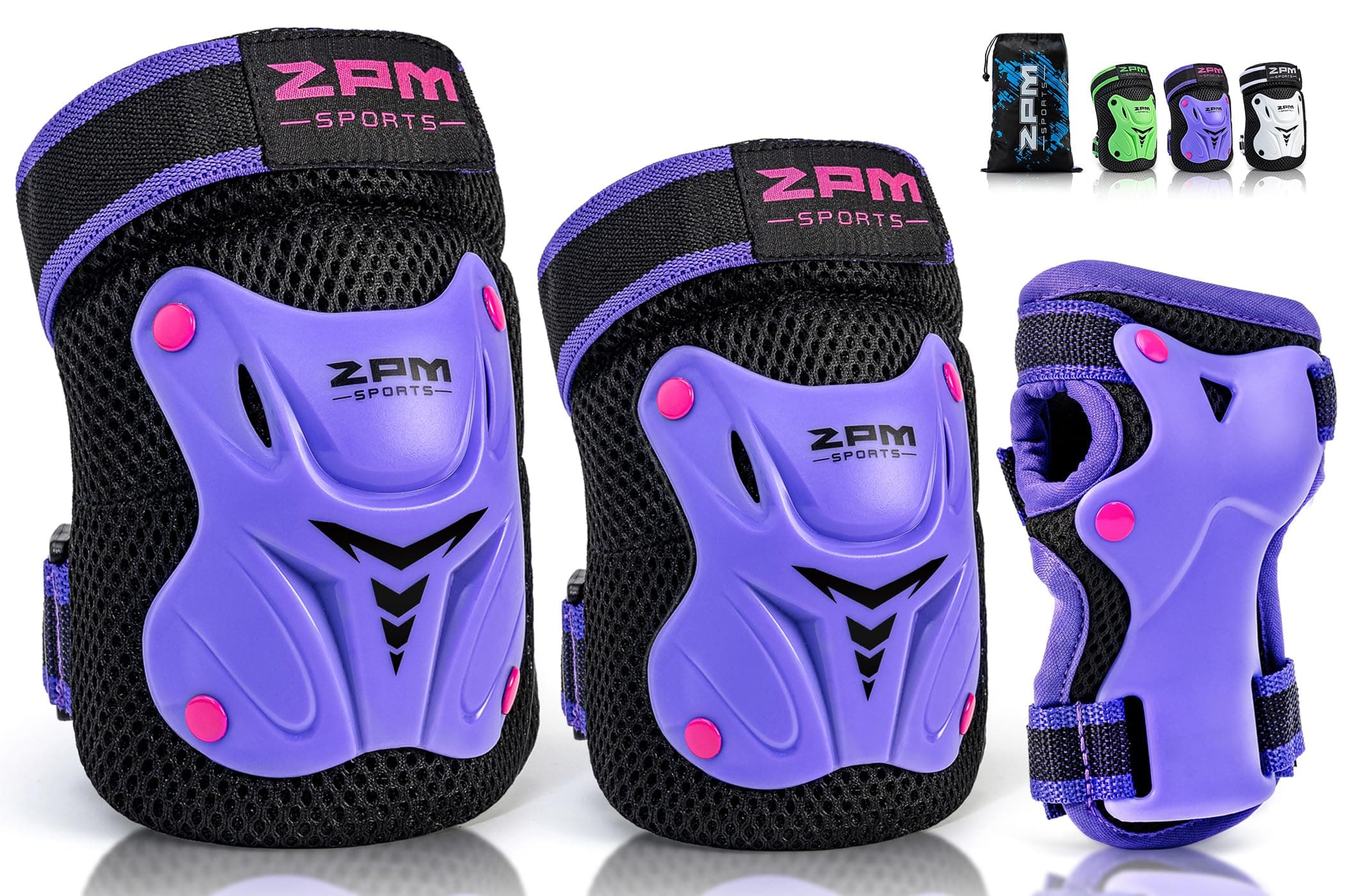 2PM SPORTS Knee Pads for Kids, Wrist Guards Knee and Elbow Pads Set with Drawstring Bag, Protective Gear Set for Girls Boys Roller Skating Cycling Skateboard