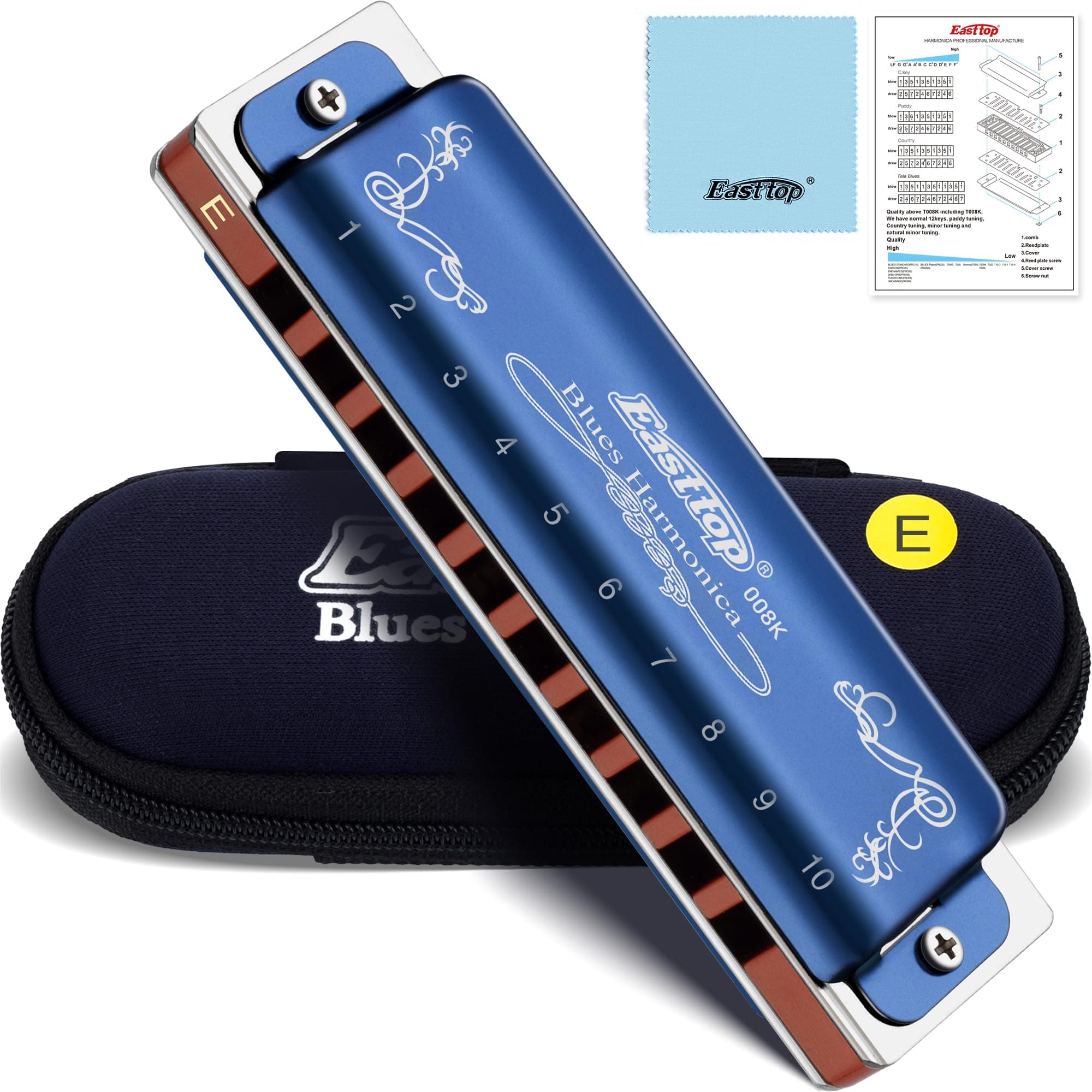 East top Diatonic Harmonica Key of E, 10 Holes 20 Tones 008K Diatonic Mouth Organ Harmonica with Blue Case, Standard Harmonica For Adults, Professionals and Students