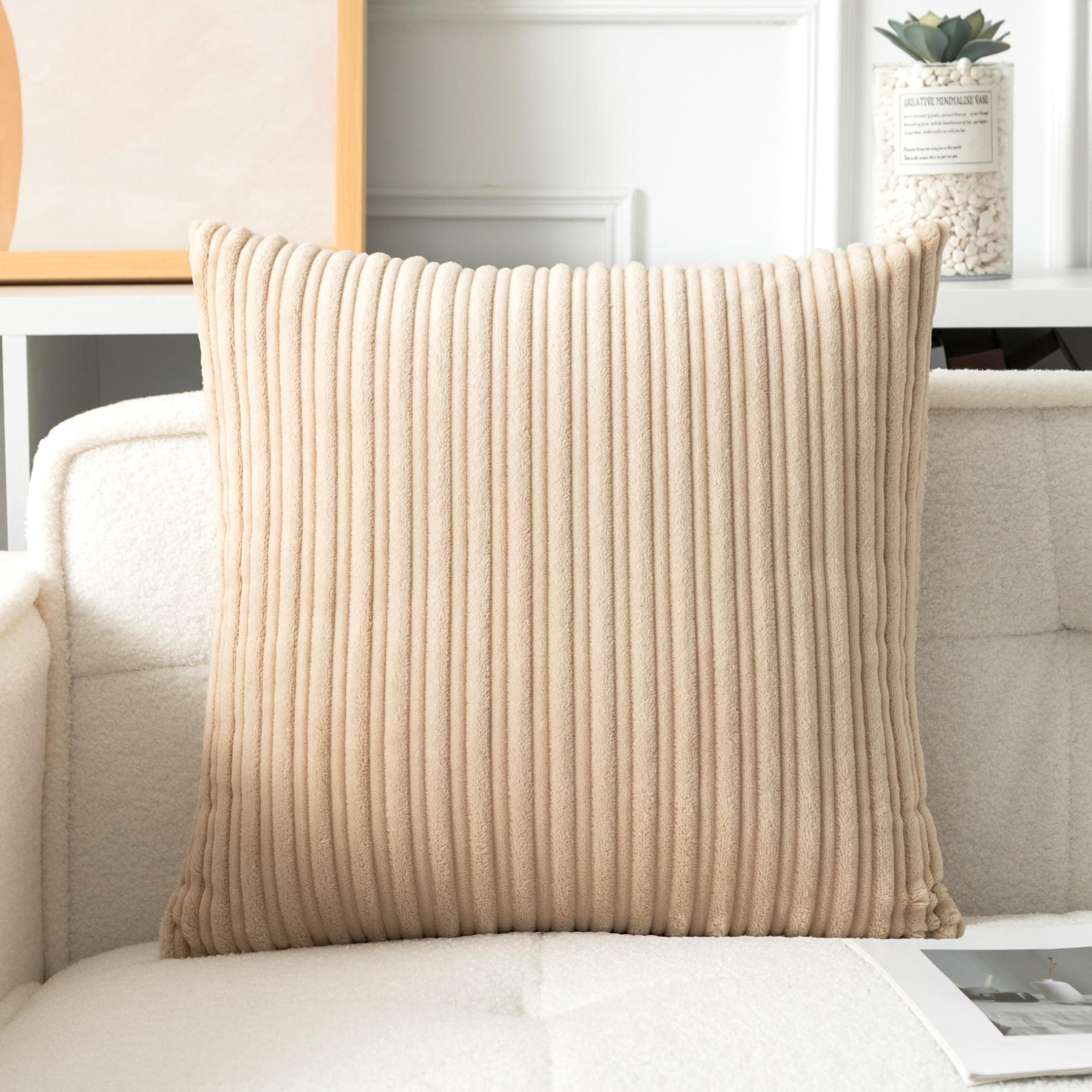UGASA Velvet 24x24 Inch Soft Throw Pillow Cover Boho Farmhouse Decorative Corduroy Striped Both Sides Solid Square Cushion Case for Couch Bedroom Sofa Home, 1 Piece, Beige