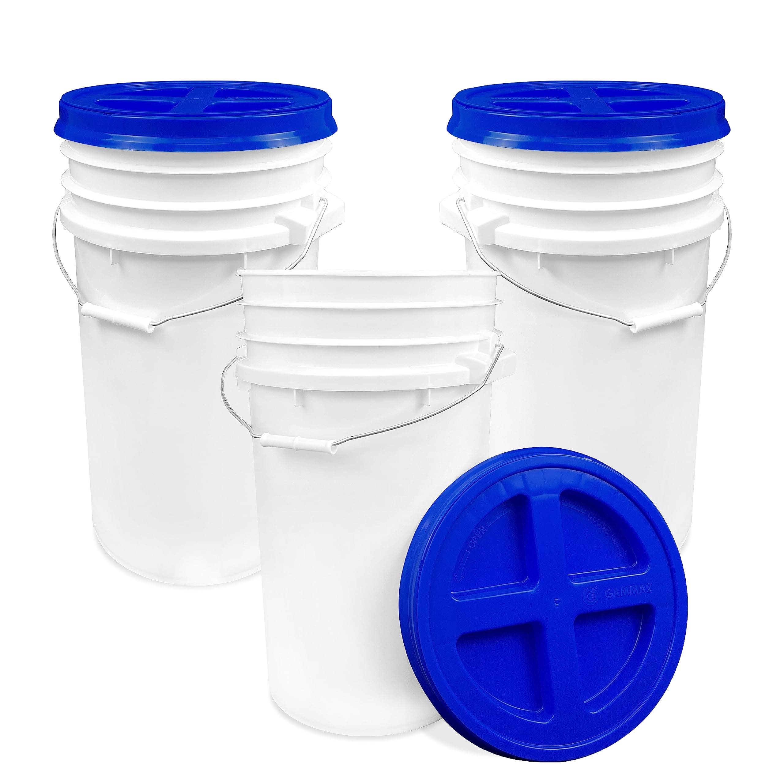 7 Gallon White Bucket with Blue Gamma Screw on Lid, Food Grade Storage, Premium HPDE Plastic, BPA Free, Durable 90 Mil All Purpose Pail, Made in USA (3 Count)