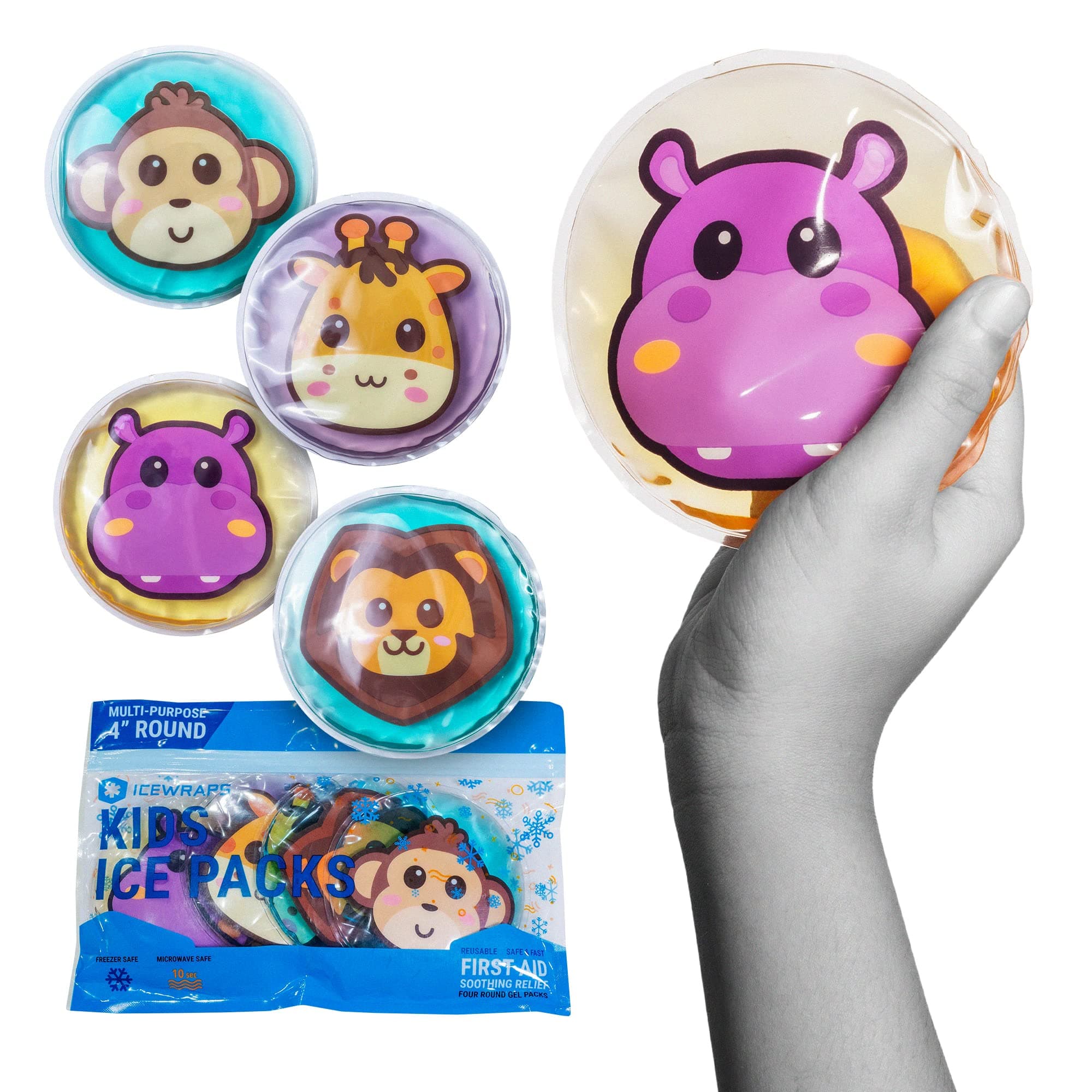 ICEWRAPS Kids Ice Packs for Boo Boos | Soft Gel First Aid Kit | Reusable Kids Ice Packs for Injuries | Soft Ice Packs for Pain Relief | Pack of 4