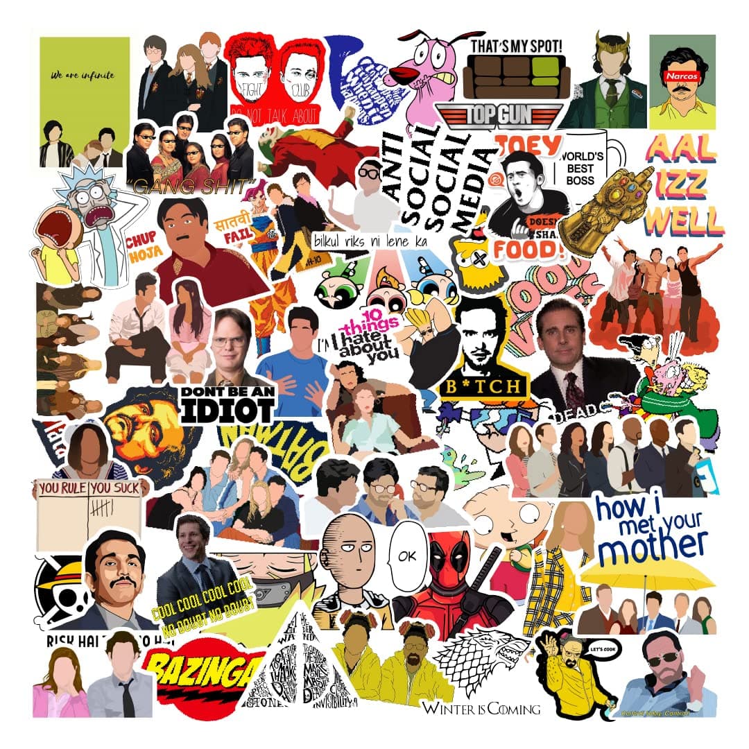 Pack of 57 Mix TV Shows, Movie, Anime Vinyl Stickers for Laptop, iPhone, Water Bottles, Computer - Friends, The Big Bang Theory, The Office, How I Met Your Mother.