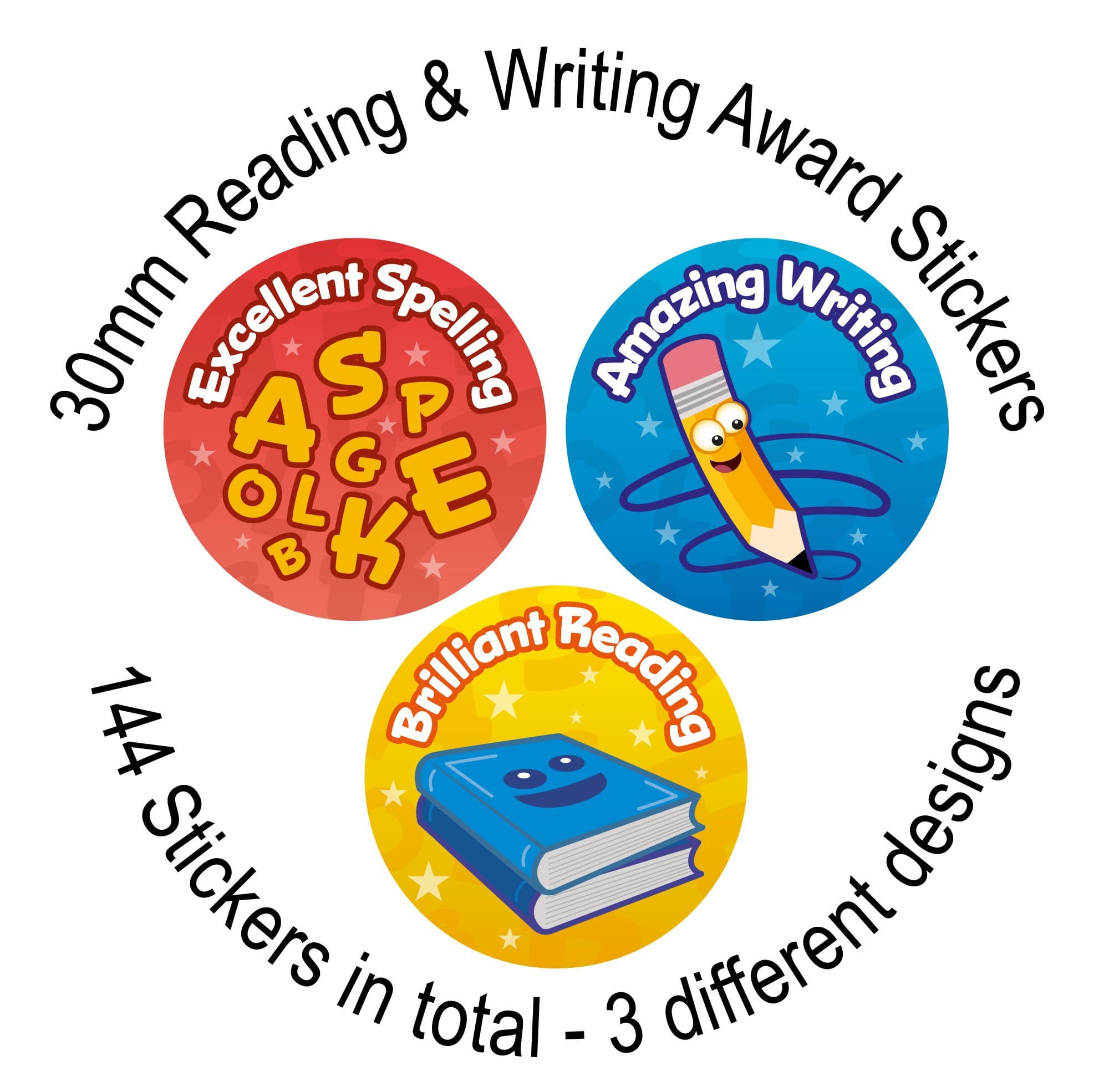 Reading, Writing & Spelling Reward Stickers - 144 30mm Stickers - 3 Designs