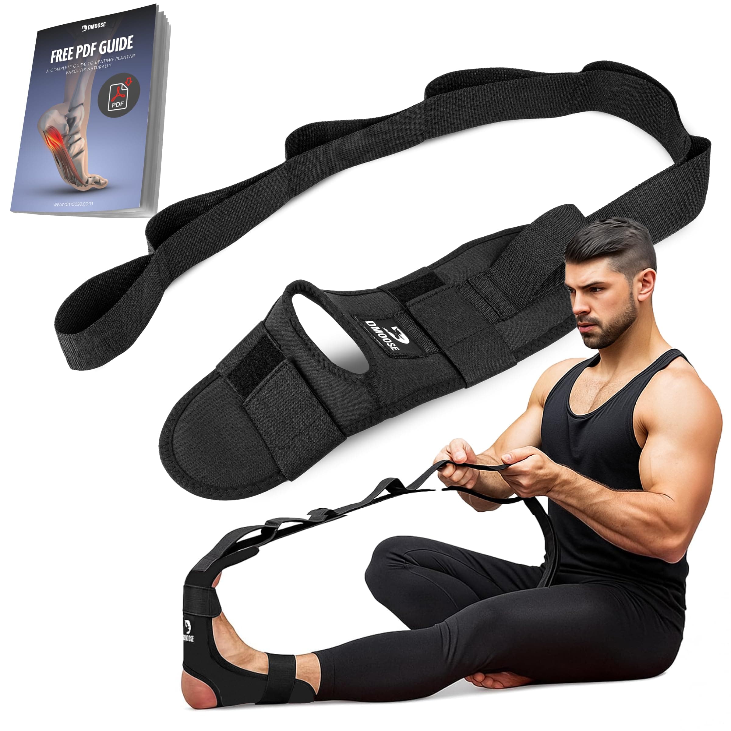 DMoose Fitness Foot & Calf Stretcher with Adjustable Padded Stretching Strap for Plantar Fasciitis, Hamstring, Heel Spurs and Achilles Tendonitis Relief - Yoga Leg Stretch Strap for Flexibility