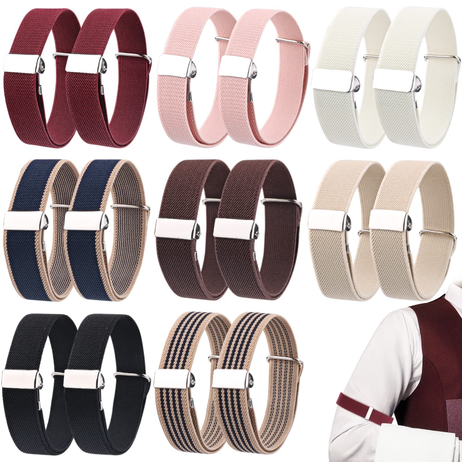 Cositina 16Pcs/8 Pairs Unisex Elastic Armbands Adjustable Shirt Sleeve Holders Anti-Slip Arm Band Shirt Garters Strap for Women&Men - Multicolor, Black, Adjustable