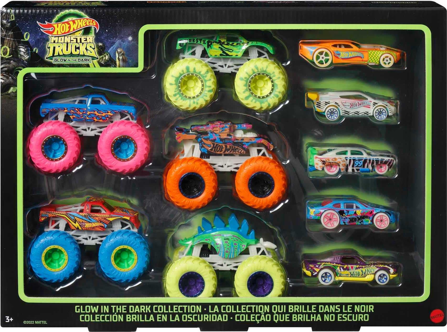 Hot Wheels Monster Trucks Glow in The Dark Multipack with 10 Toy Vehicles: 5 Monster Trucks & 5 1:64 Scale Cars, Collectible Gift for Kids Ages 4 to 8 Years Old