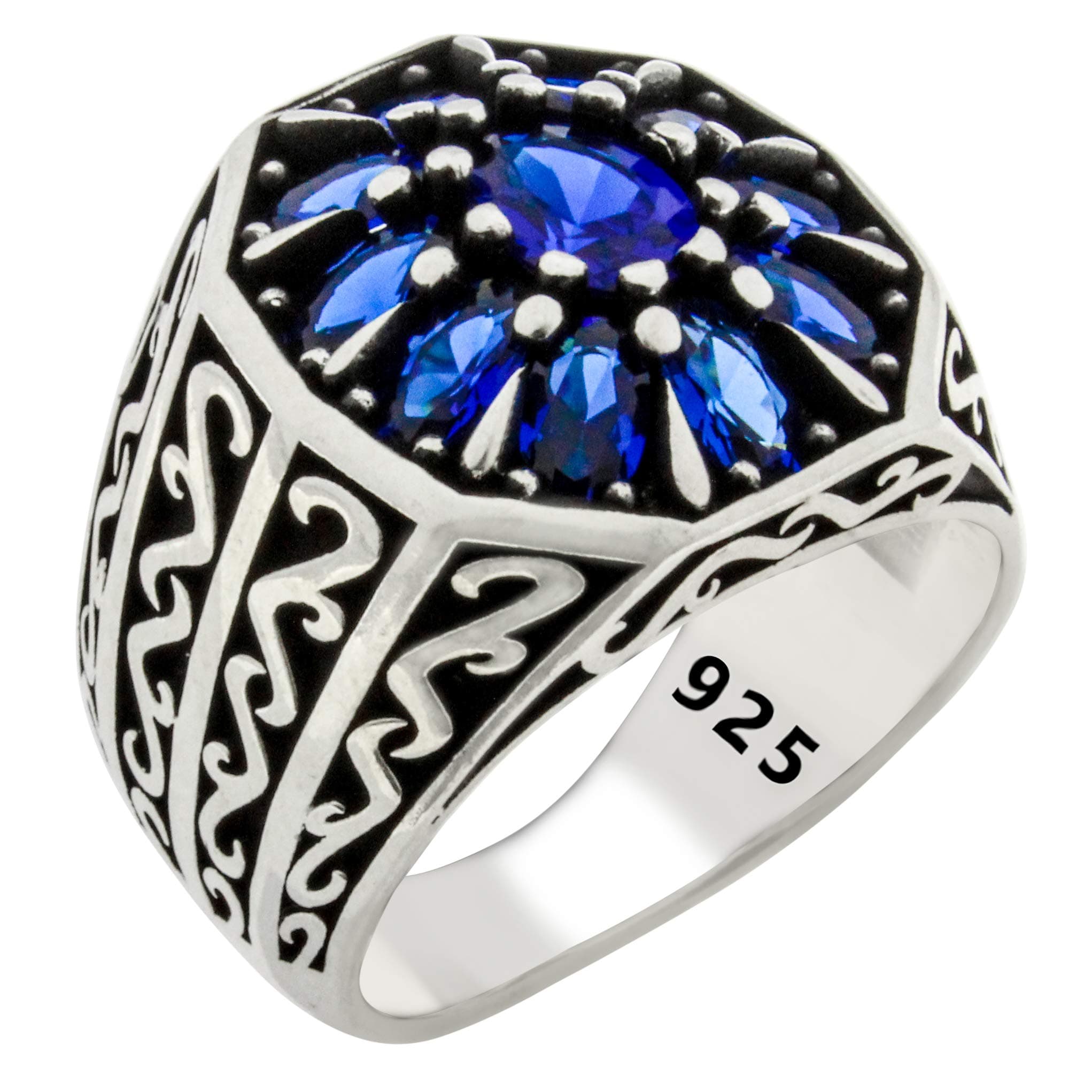 Babylon SilverSolid 925 Sterling Silver Luxury Turkish Handmade with Simulated Blue Sapphire Stone Men's Ring