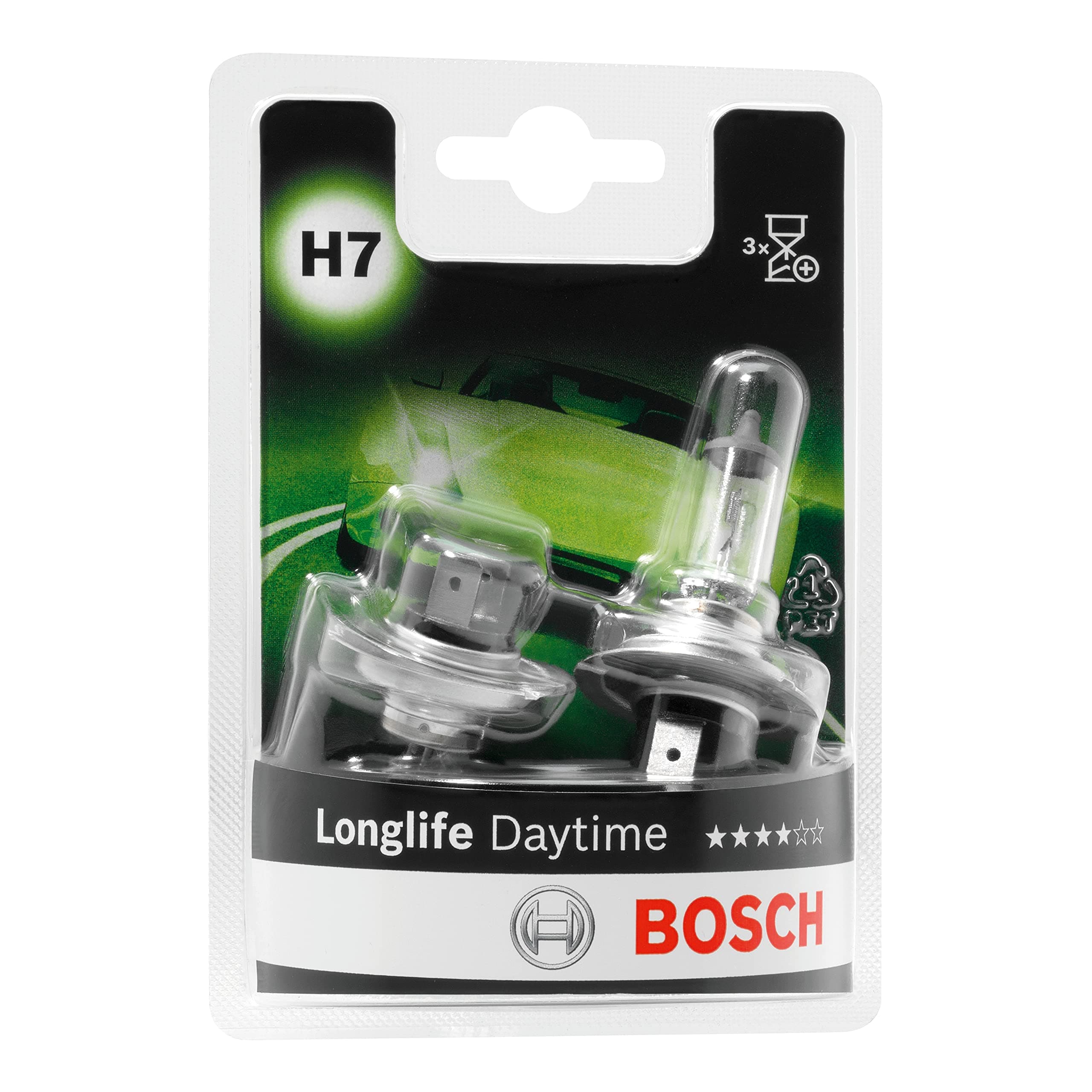 Bosch H7 (477) Longlife Daytime Halogen Headlight Bulbs, 12 V 55 W, Long-lasting - Socket Type PX26d - Pack of 2 Replacement Car Light Bulbs
