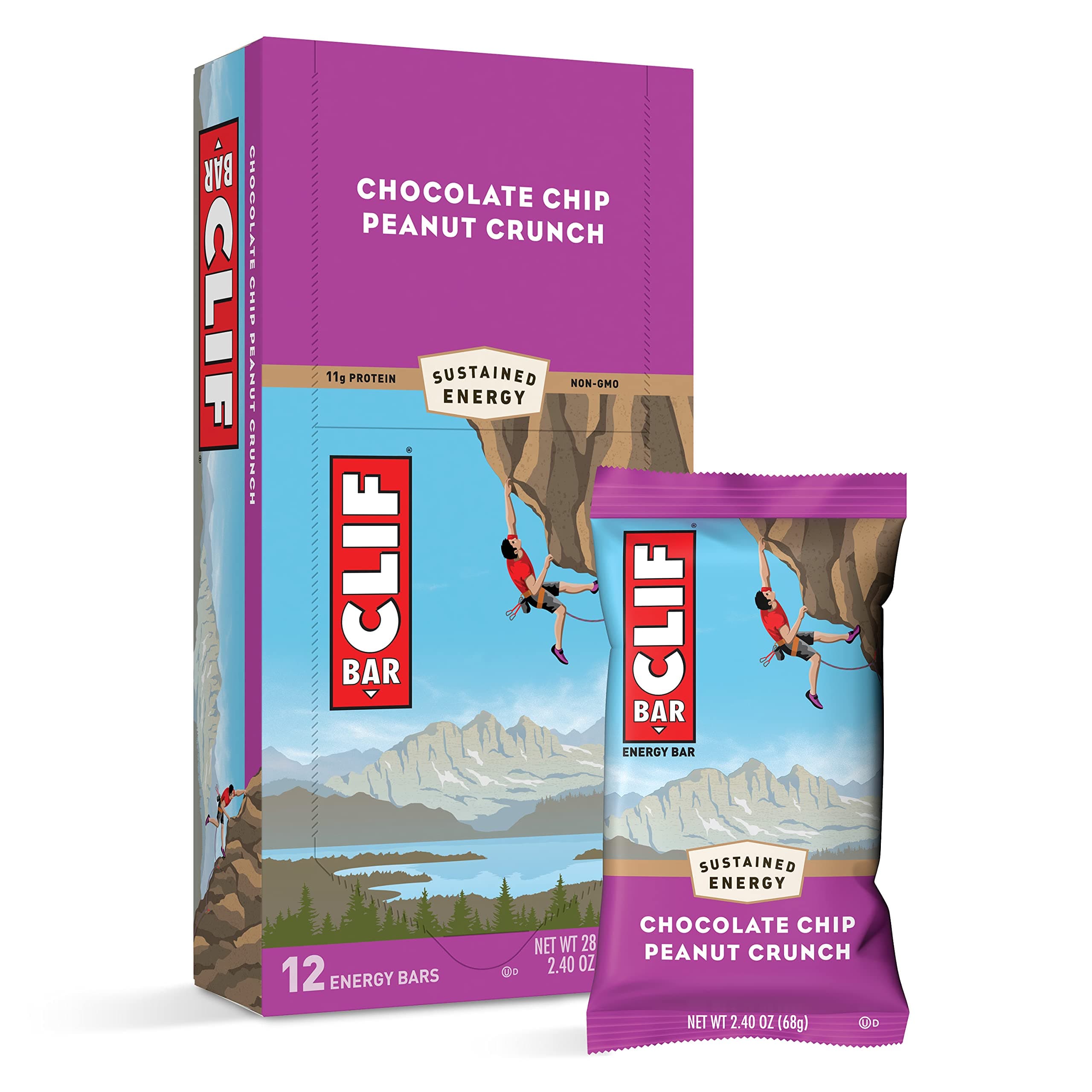 Clif Bars - Energy Bars - Chocolate Chip Peanut Crunch - Made with Organic Oats - Plant Based Food - Vegetarian - Kosher (2.4 Ounce Protein Bars, 12 Count)