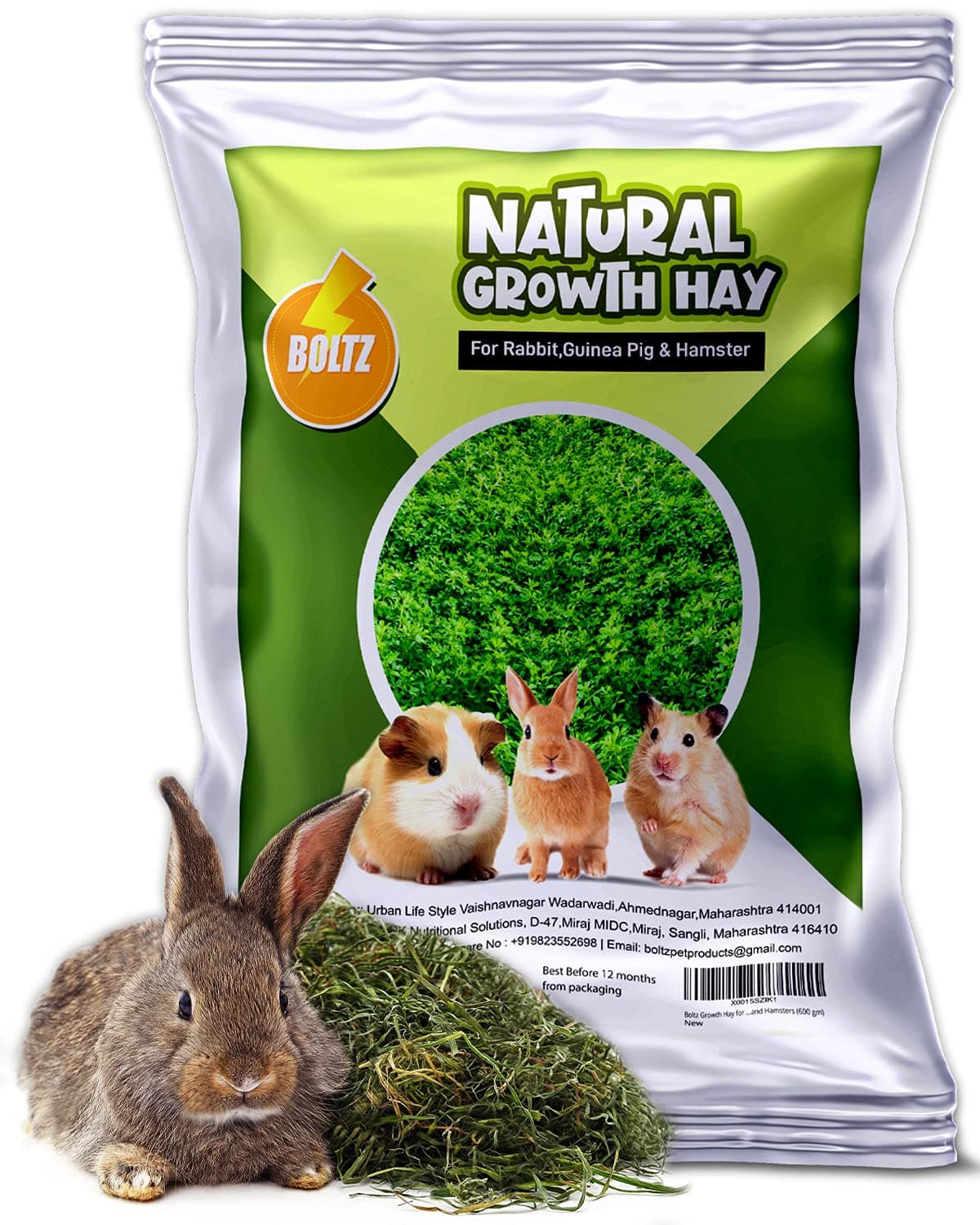 BOLTZ Growth Hay 600 gm for Rabbits, Guinea Pigs and Hamsters and Other Small Animals, Medium Size Hay for Daily Feeding, (600 Gm)